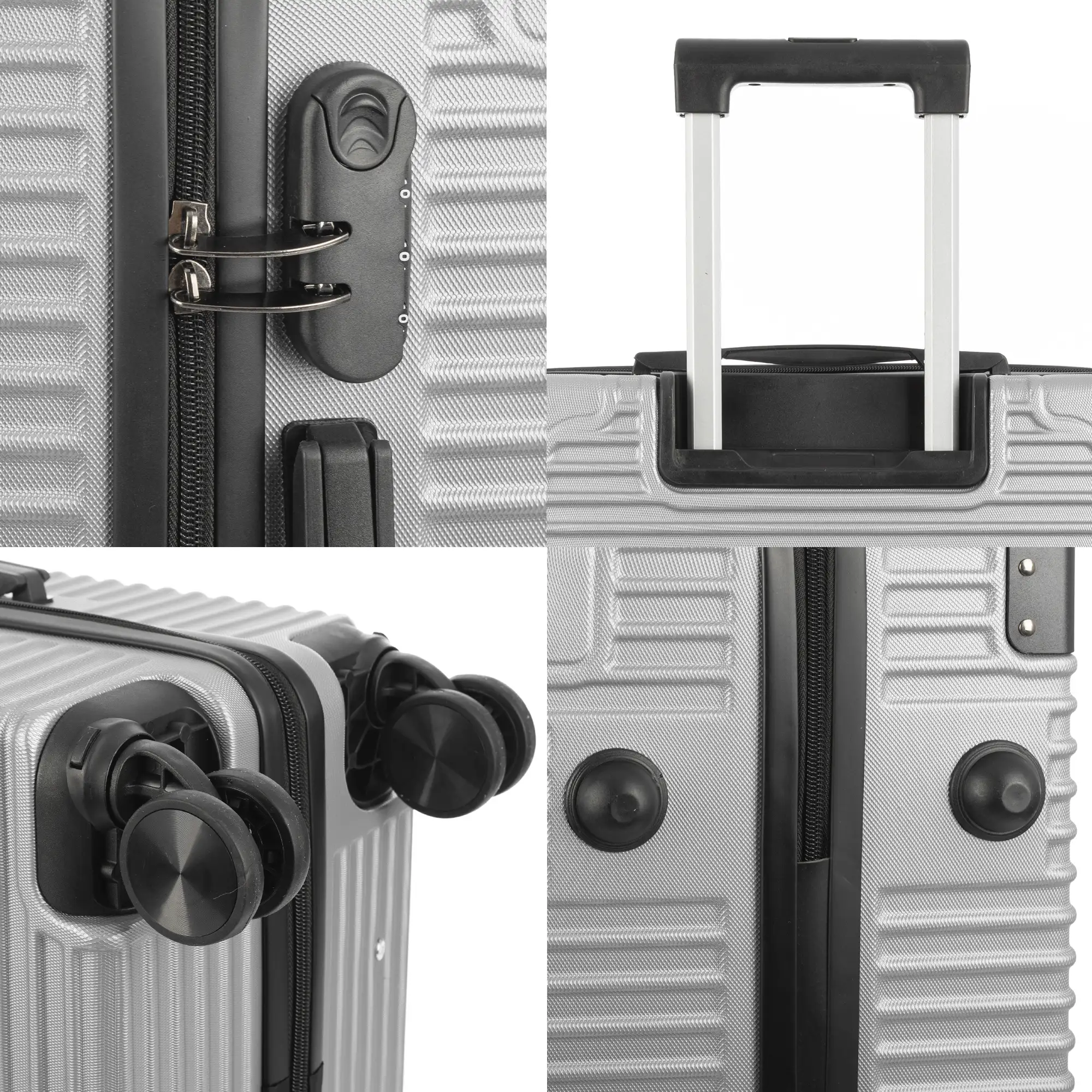 Maleta gran volumen trolley rígida ultraligera, de ABS de alta resistencia con esquinas reforzadas. Cerradura numérica y 4 ruedas dobles extraíbles y giratorias 360°.