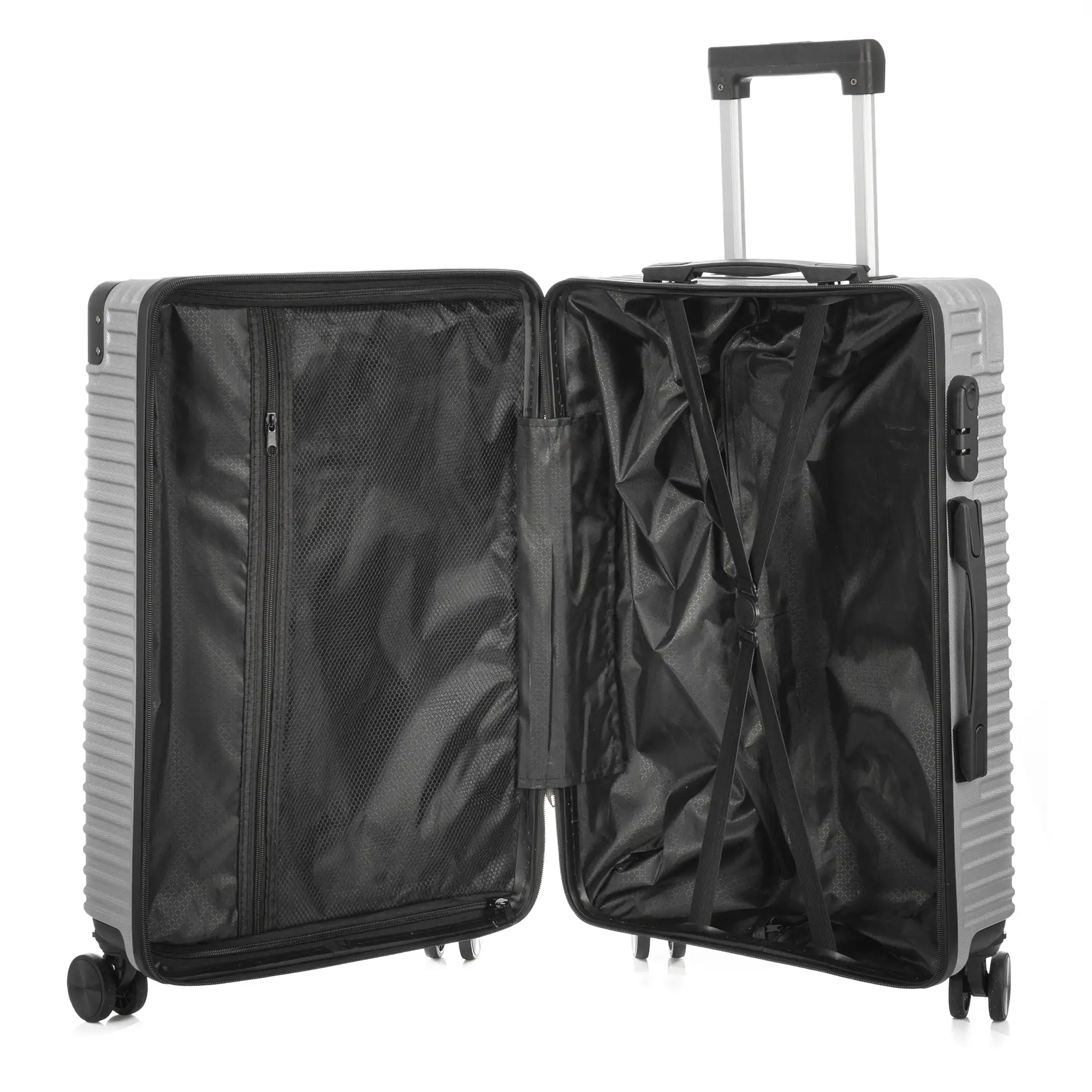 Juego de 3 maletas Trolley, en material ligero ABS de alta resistencia con esquinas reforzadas. Cerradura numérica y 4 ruedas dobles extraíbles y giratorias 360°.