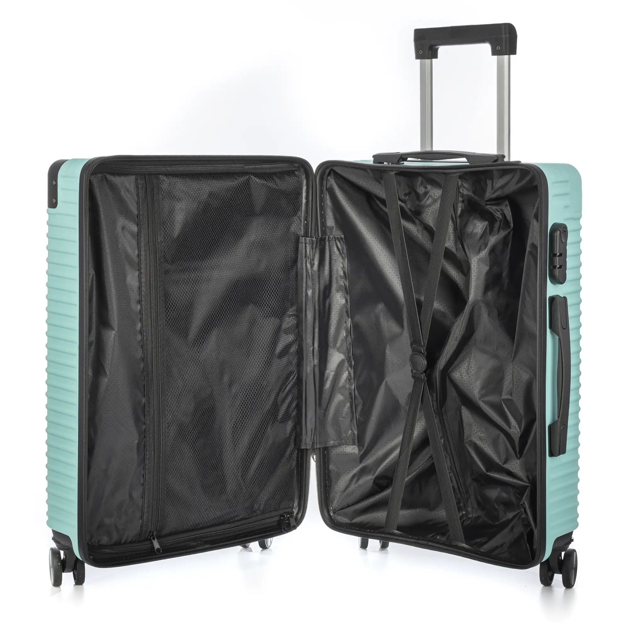 Maleta gran volumen trolley rígida ultraligera, de ABS de alta resistencia con esquinas reforzadas. Cerradura numérica y 4 ruedas dobles extraíbles y giratorias 360°.