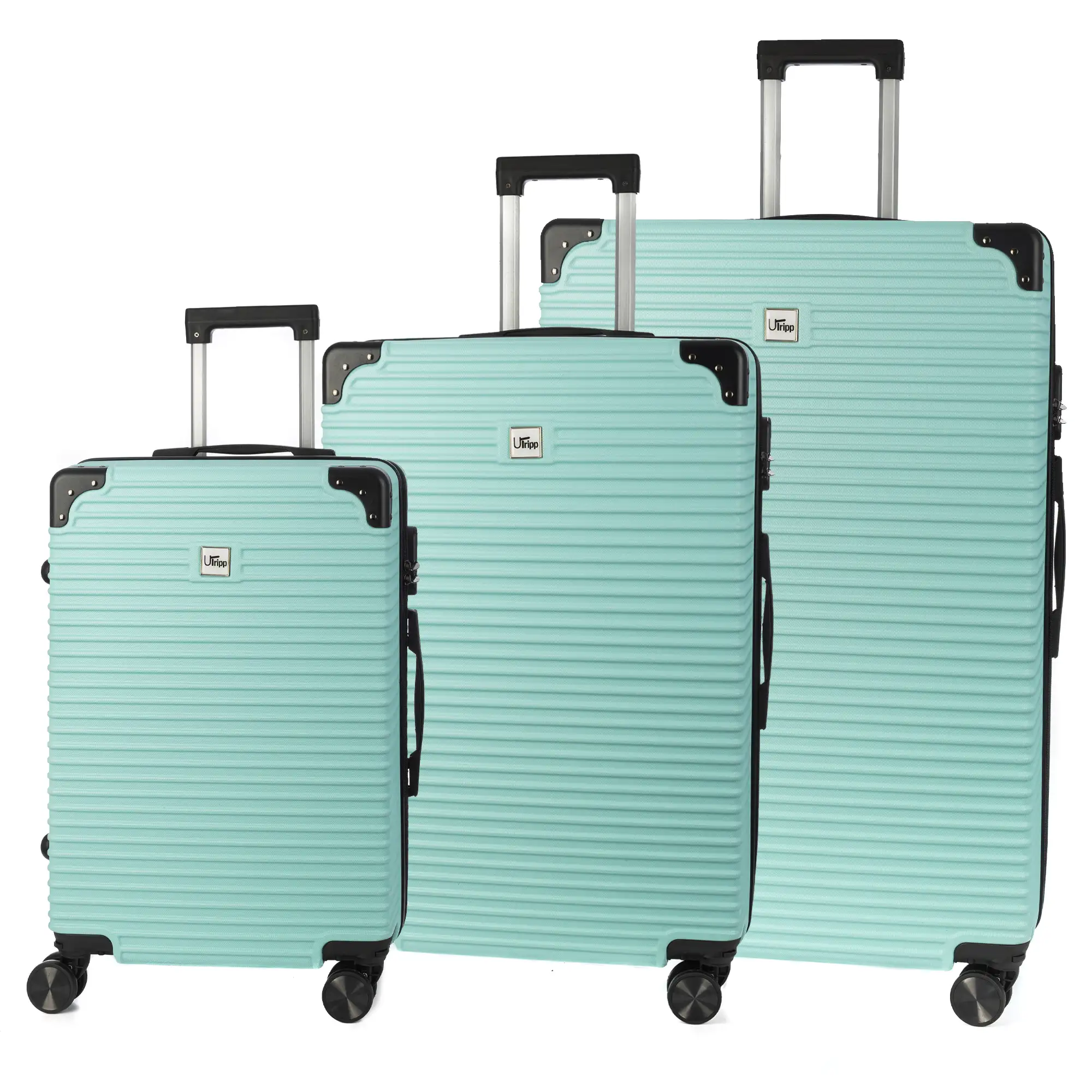 Juego de 3 maletas Trolley, en material ligero ABS de alta resistencia con esquinas reforzadas. Cerradura numérica y 4 ruedas dobles extraíbles y giratorias 360°.
