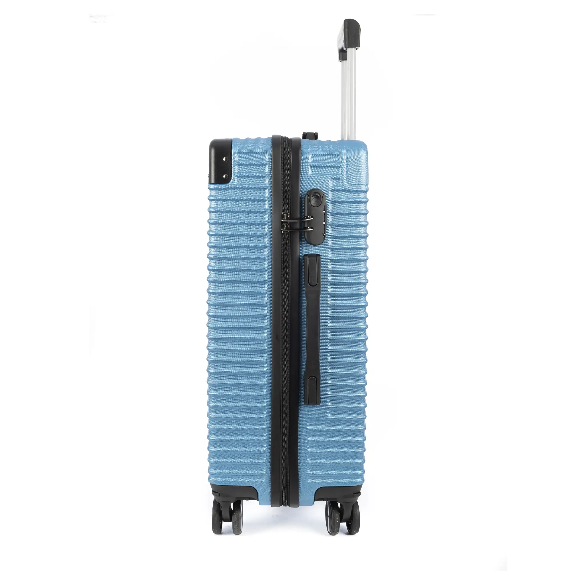 Maleta gran volumen trolley rígida ultraligera, de ABS de alta resistencia con esquinas reforzadas. Cerradura numérica y 4 ruedas dobles extraíbles y giratorias 360°.