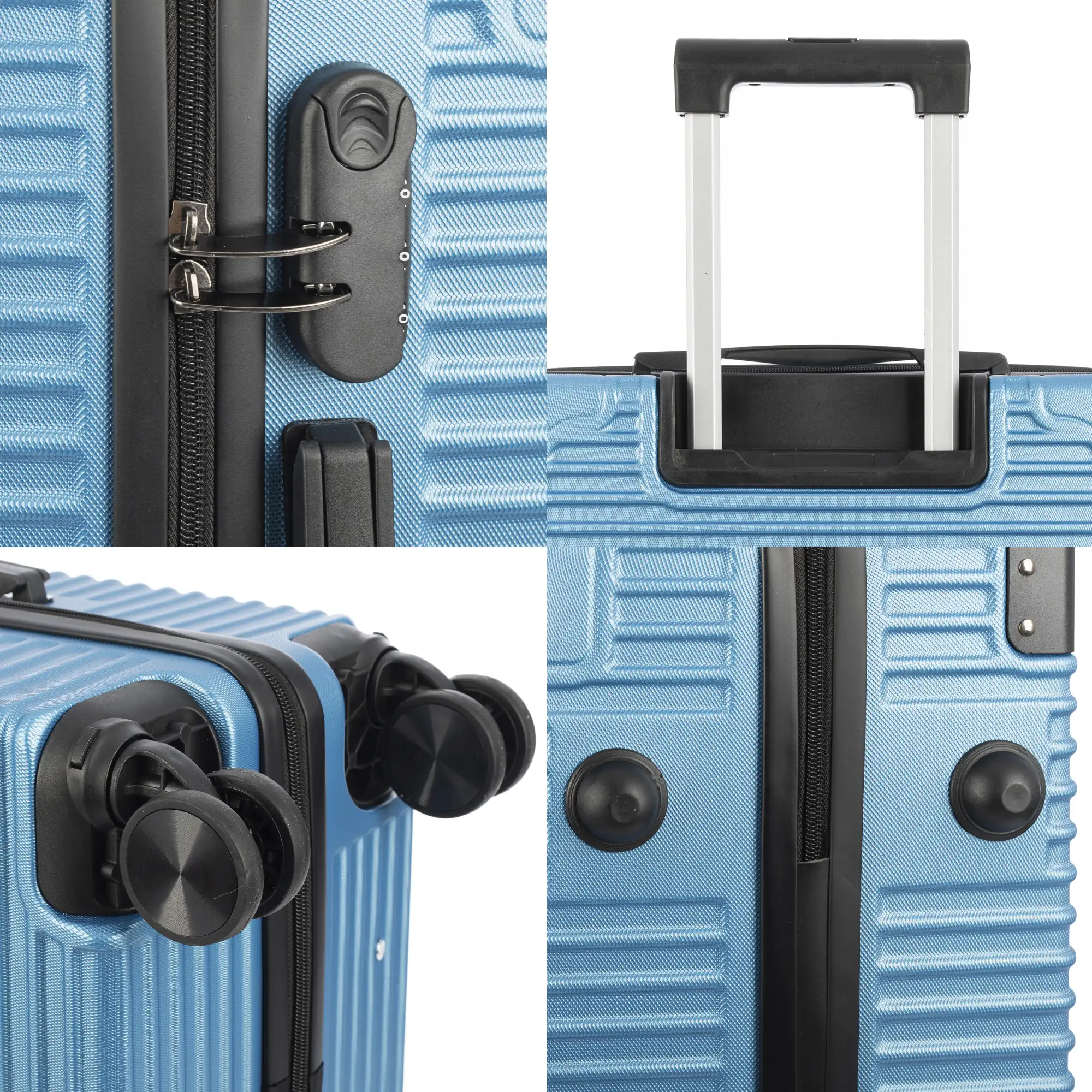Maleta gran volumen trolley rígida ultraligera, de ABS de alta resistencia con esquinas reforzadas. Cerradura numérica y 4 ruedas dobles extraíbles y giratorias 360°.