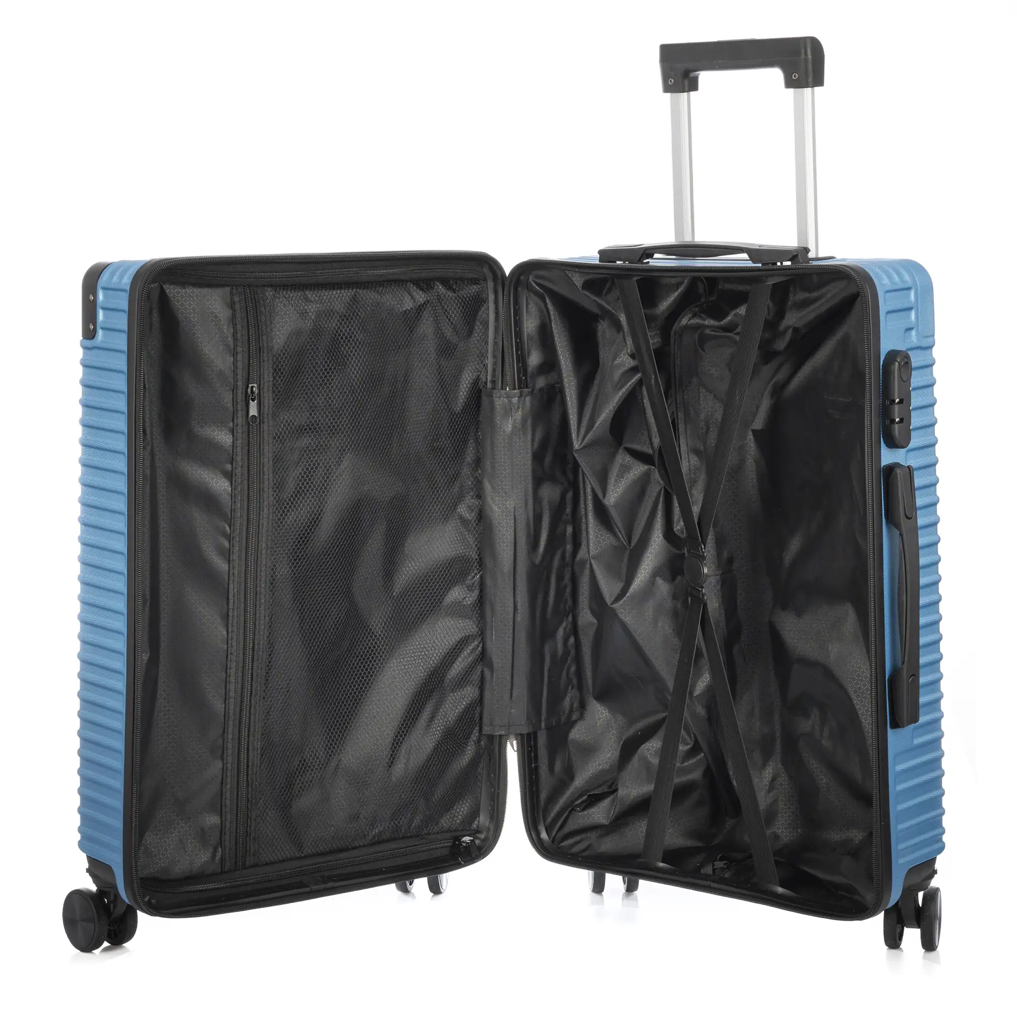 Maleta gran volumen trolley rígida ultraligera, de ABS de alta resistencia con esquinas reforzadas. Cerradura numérica y 4 ruedas dobles extraíbles y giratorias 360°.
