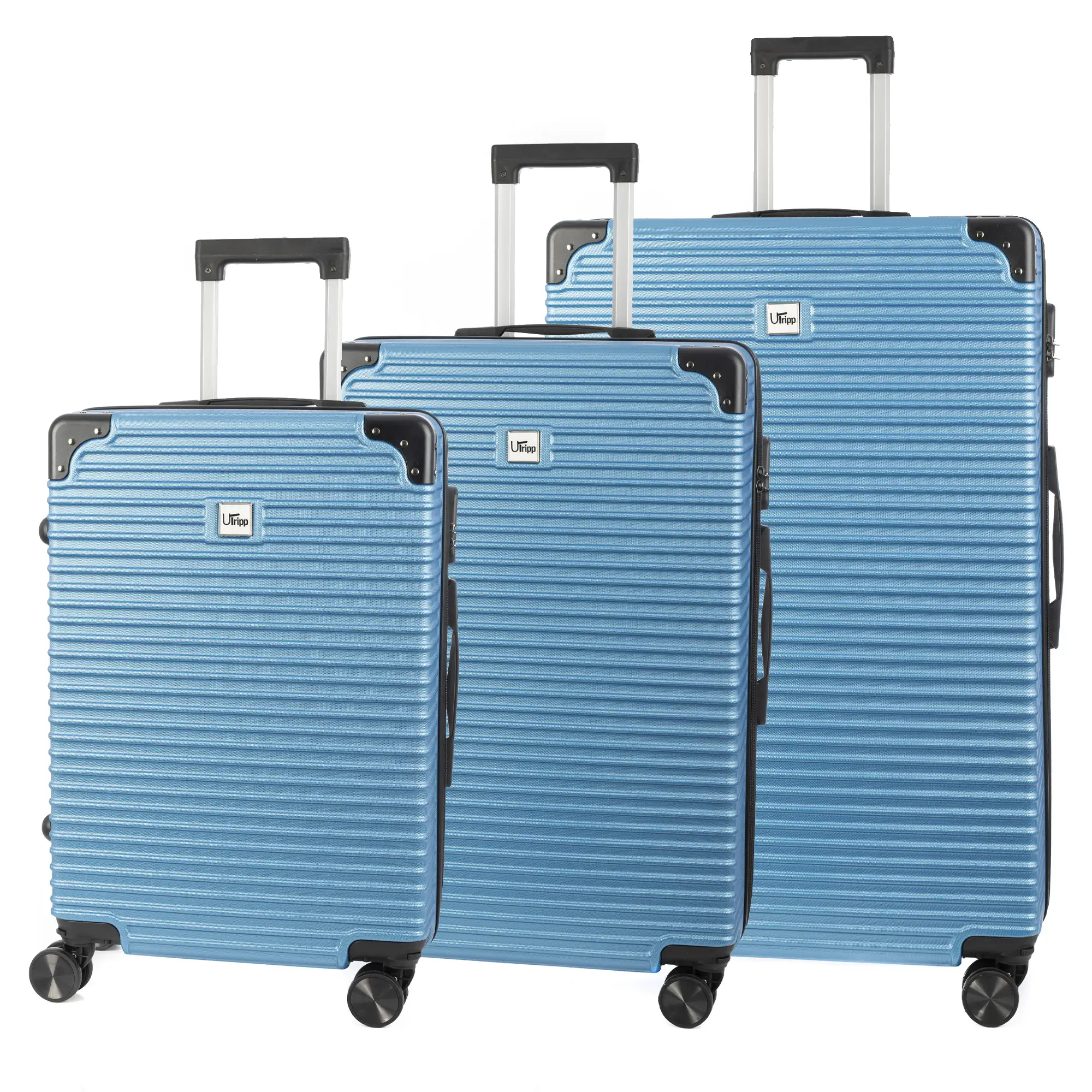 Juego de 3 maletas Trolley, en material ligero ABS de alta resistencia con esquinas reforzadas. Cerradura numérica y 4 ruedas dobles extraíbles y giratorias 360°.