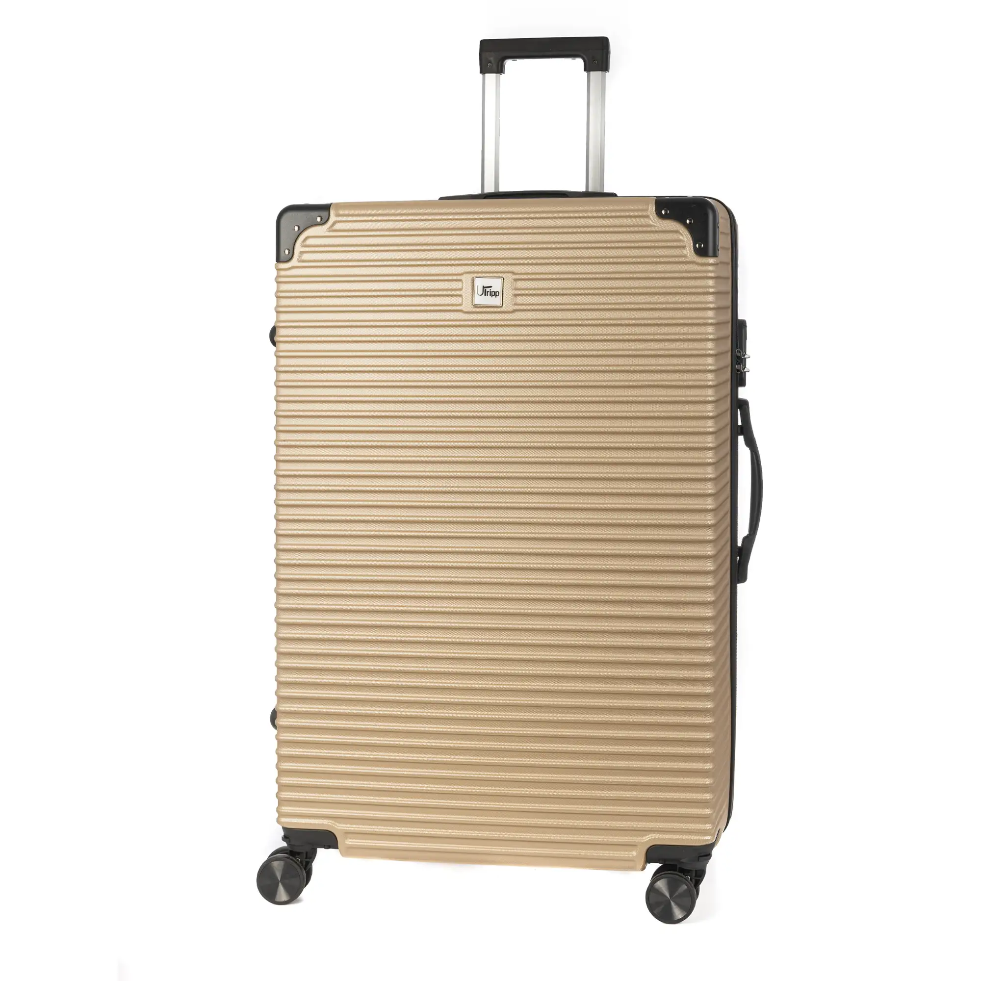 Maleta gran volumen trolley rígida ultraligera, de ABS de alta resistencia con esquinas reforzadas. Cerradura numérica y 4 ruedas dobles extraíbles y giratorias 360°.