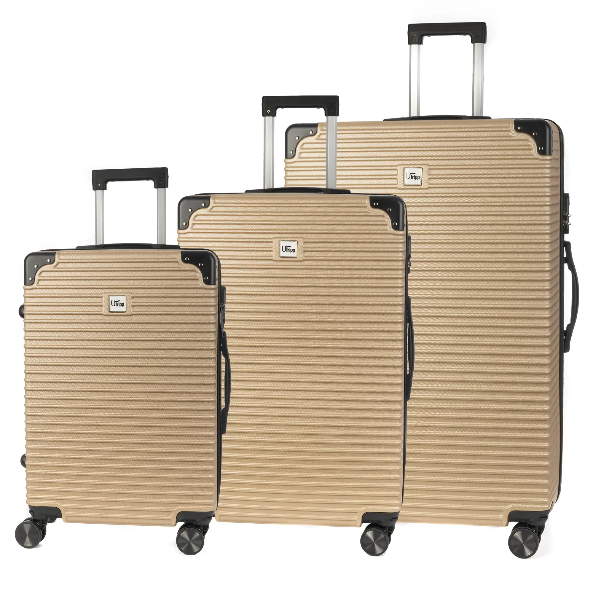 Juego de 3 maletas Trolley, en material ligero ABS de alta resistencia con esquinas reforzadas. Cerradura numérica y 4 ruedas dobles extraíbles y giratorias 360°.