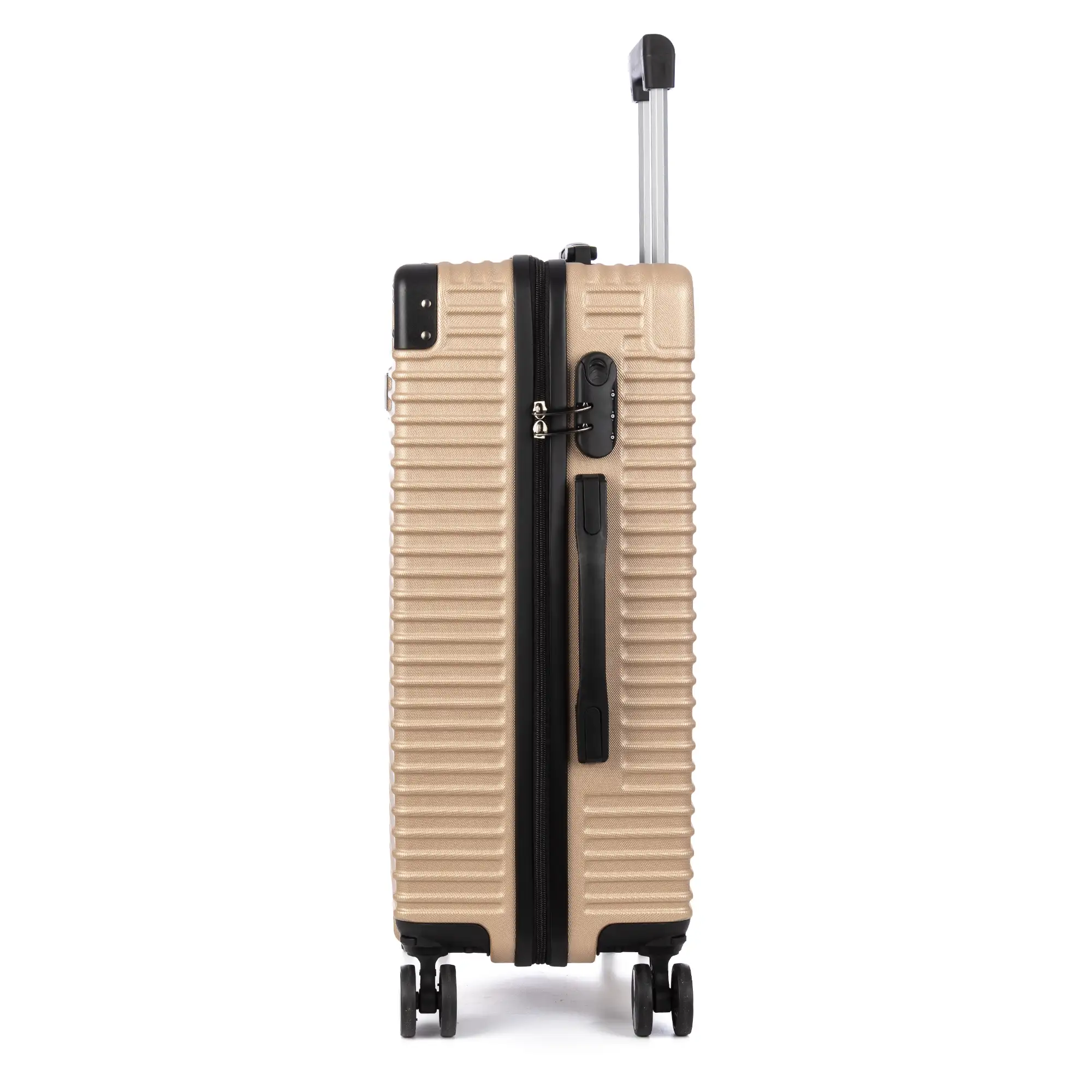 Juego de 3 maletas Trolley, en material ligero ABS de alta resistencia con esquinas reforzadas. Cerradura numérica y 4 ruedas dobles extraíbles y giratorias 360°.