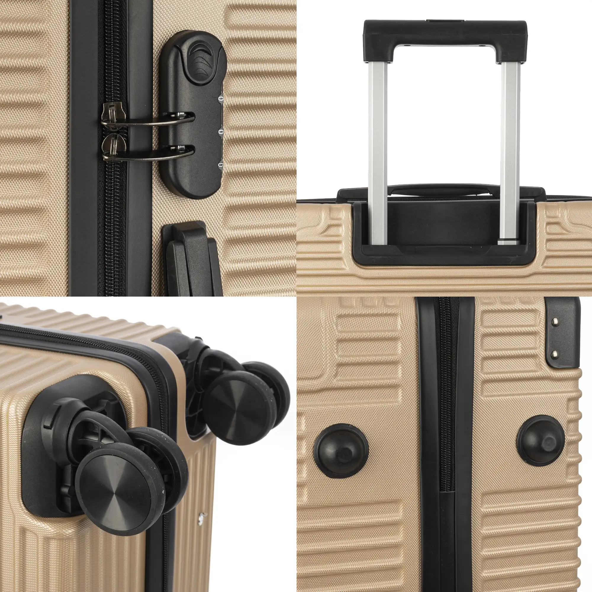 Juego de 3 maletas Trolley, en material ligero ABS de alta resistencia con esquinas reforzadas. Cerradura numérica y 4 ruedas dobles extraíbles y giratorias 360°.