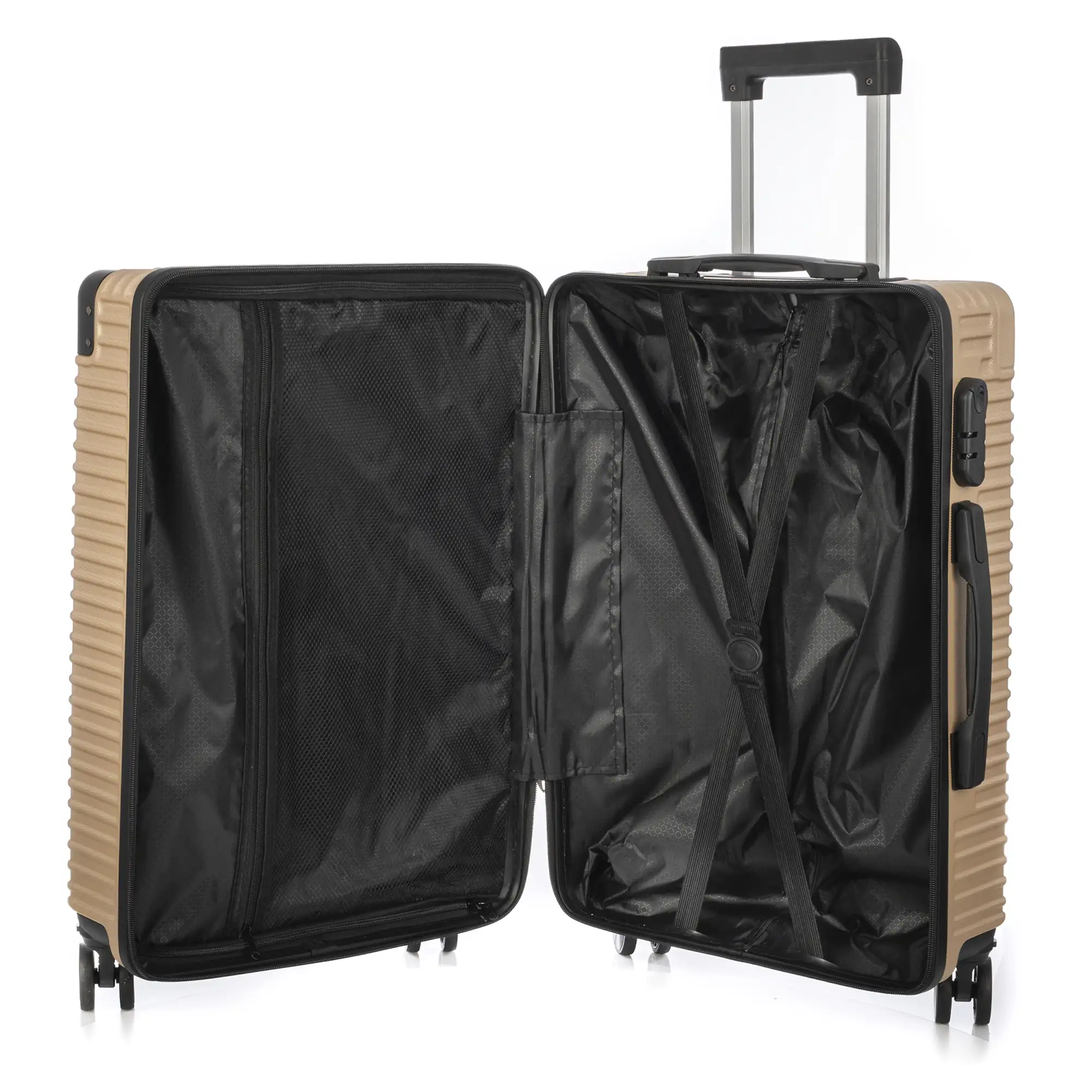 Juego de 3 maletas Trolley, en material ligero ABS de alta resistencia con esquinas reforzadas. Cerradura numérica y 4 ruedas dobles extraíbles y giratorias 360°.
