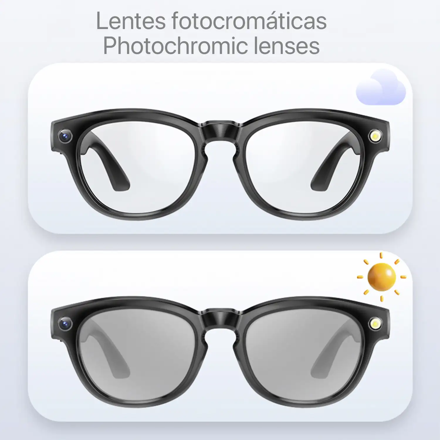 Gafas inteligentes GS380, con cámara, control de música, asistente de voz, cambio de color automático.