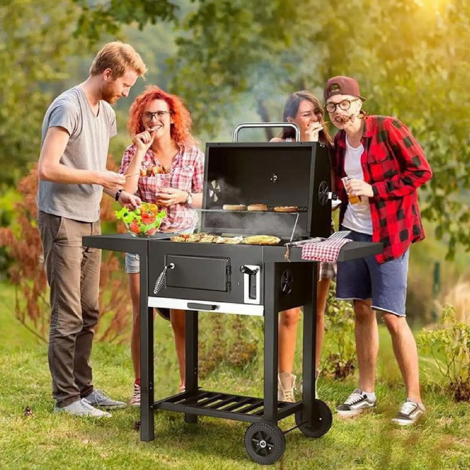 Barbacoa portatil de hierro con bandeja de brasas con altura regulable y termómetro.