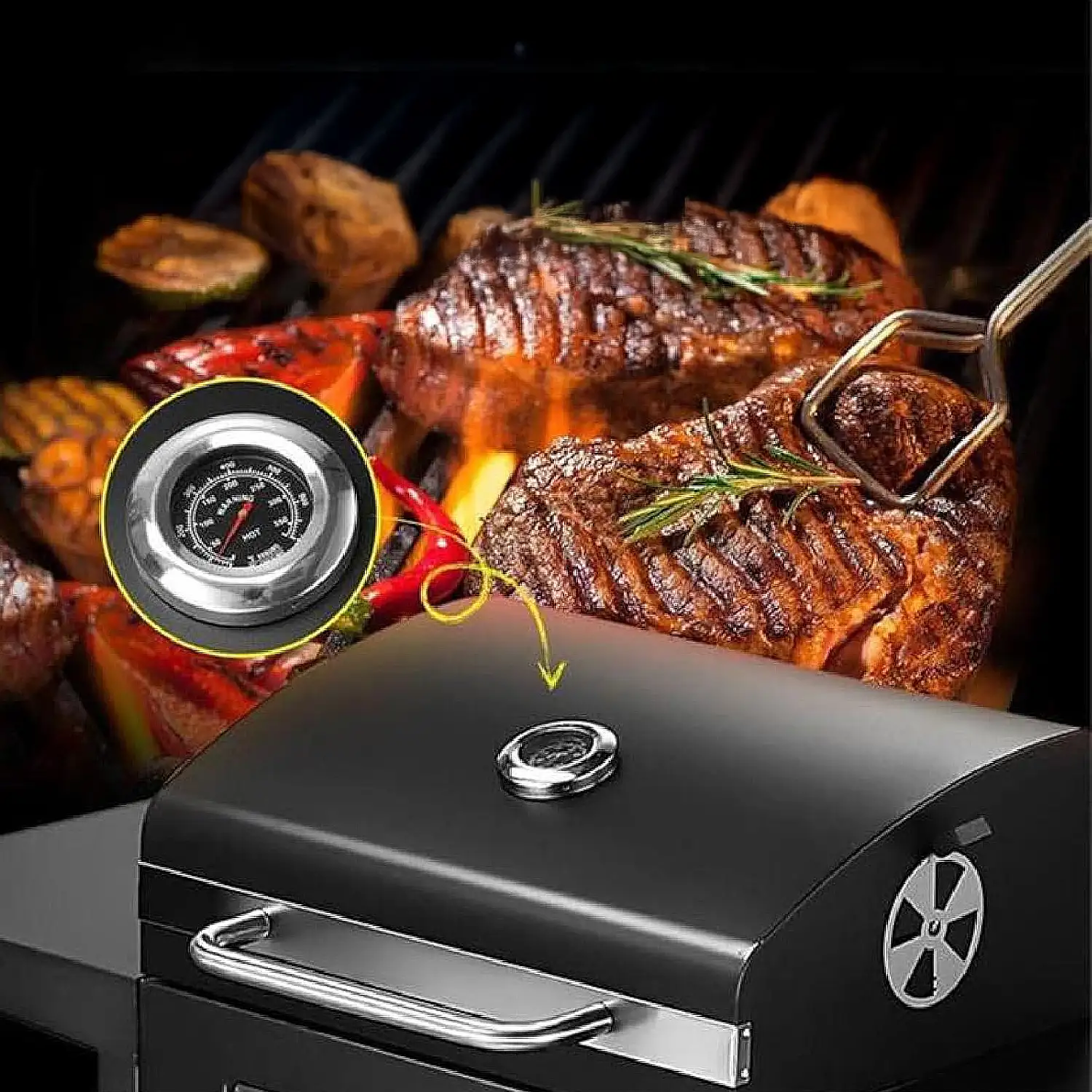 Barbacoa portatil de hierro con bandeja de brasas con altura regulable y termómetro.