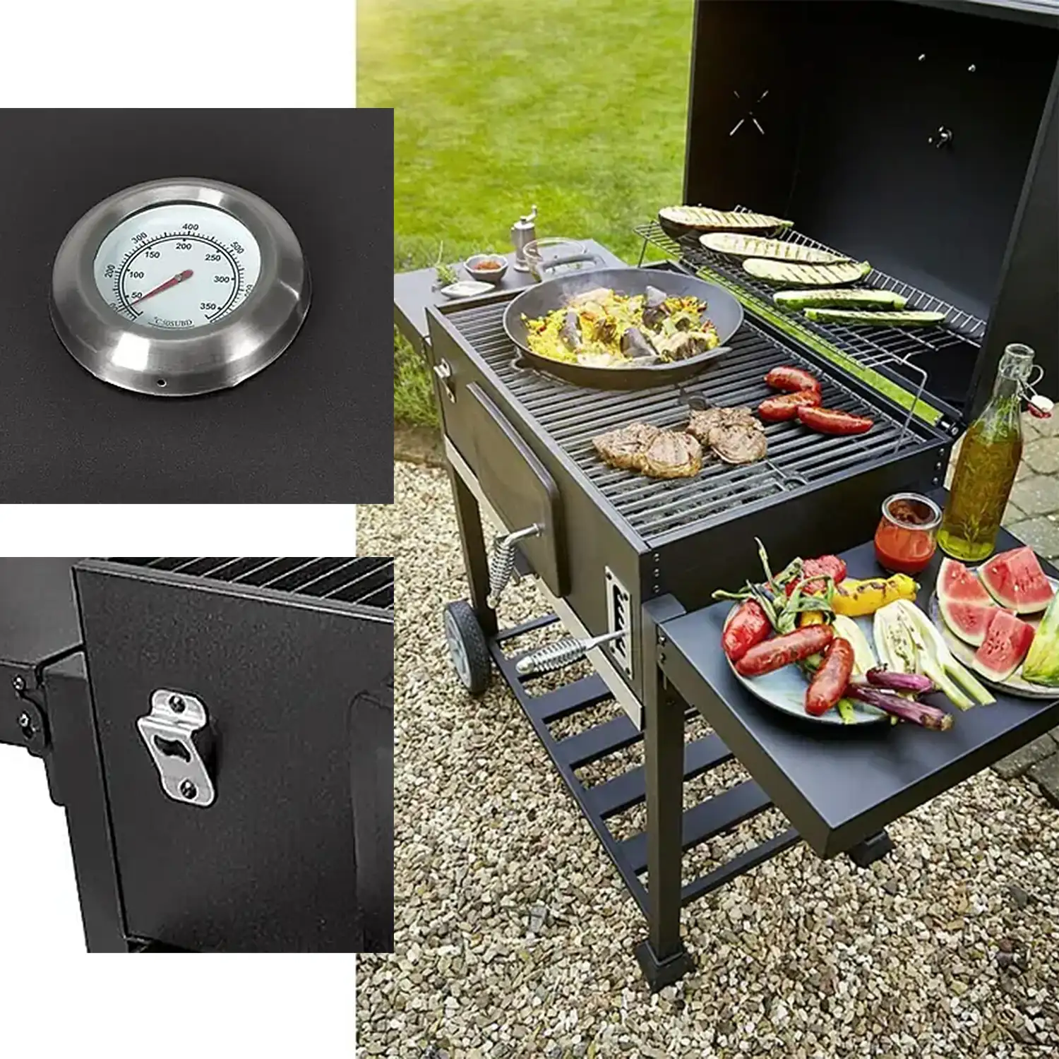 Barbacoa portatil de hierro XXL con bandeja de brasas con altura regulable y 4 grills.