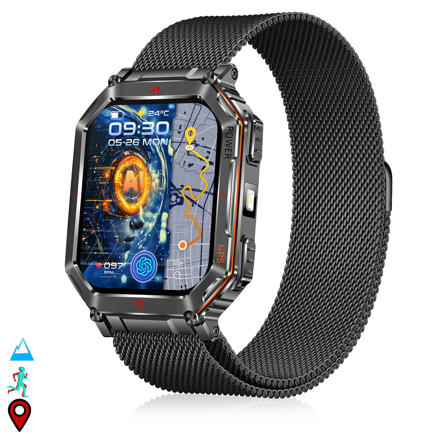 Smartwatch KR92 con llamadas BT, GPS, herramientas de exploración, monitor cardiaco, ChatGPT y + de 100 modos deportivos. Correa metálica magnética.