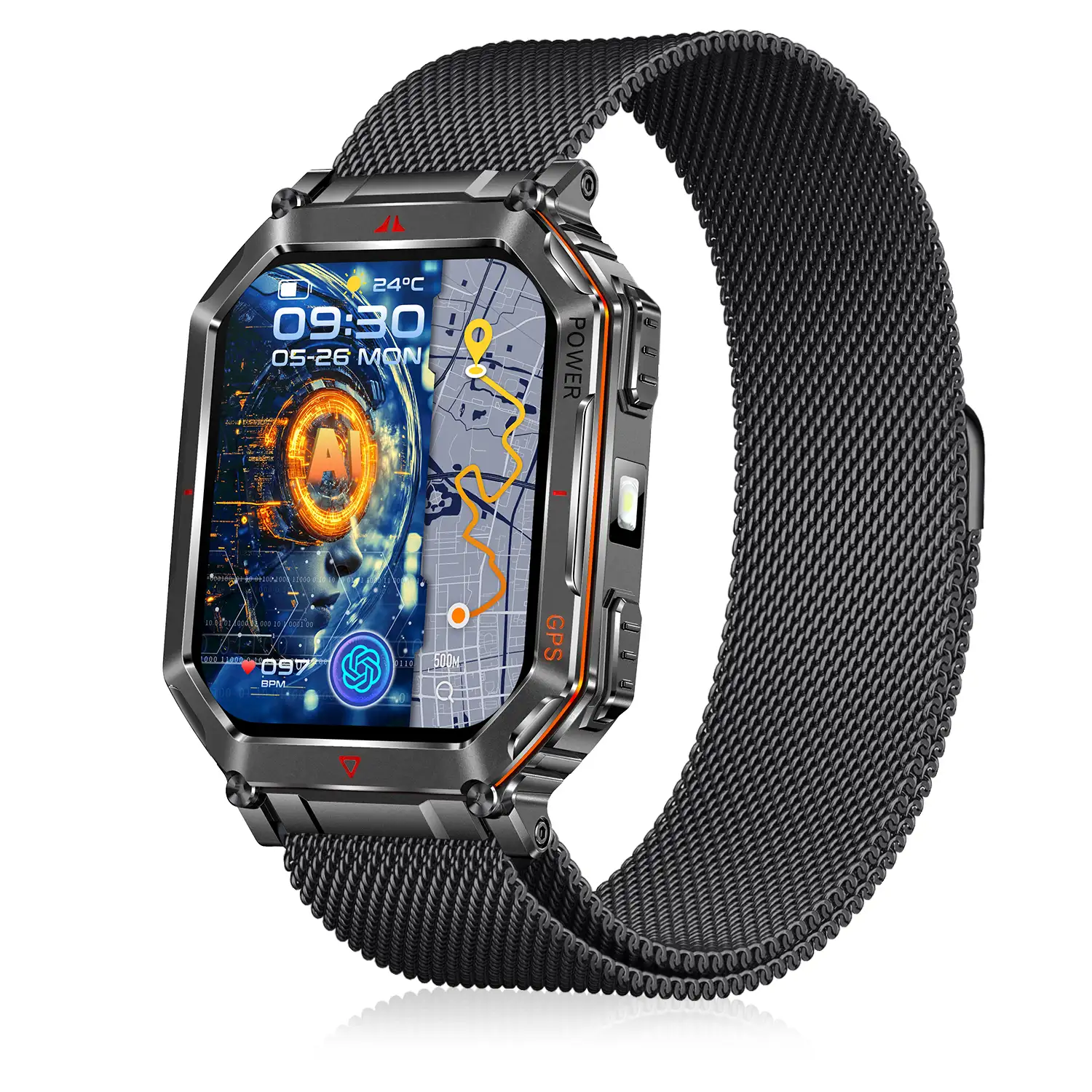 Smartwatch KR92 con llamadas BT, GPS, herramientas de exploración, monitor cardiaco, ChatGPT y + de 100 modos deportivos. Correa metálica magnética.
