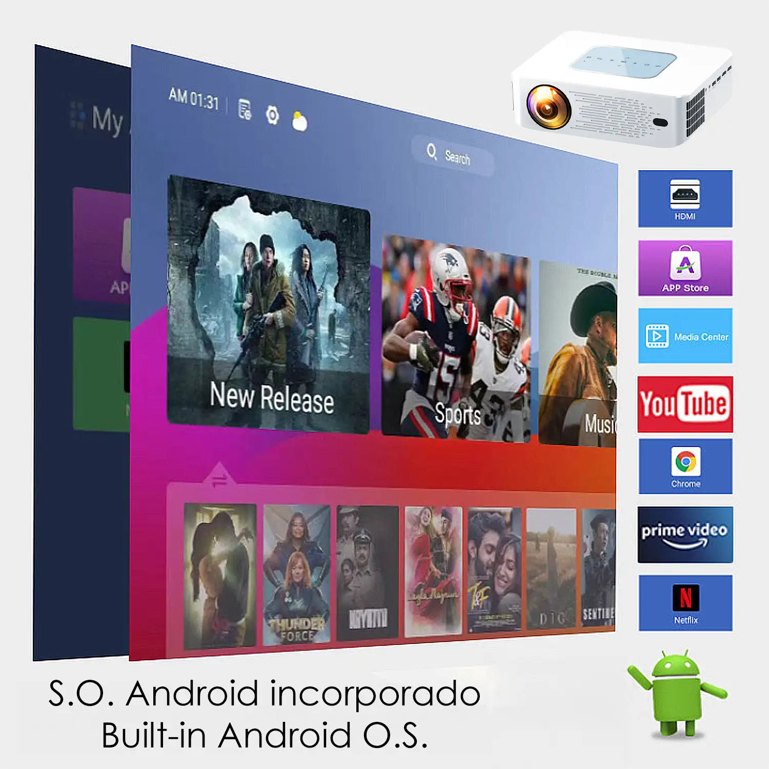 Proyector LCD Y2 soporte de 4K UHD, duplicación de pantalla para iOS y Android. De 60 a 150 pulgadas, 260 lm. Con mando a distancia.