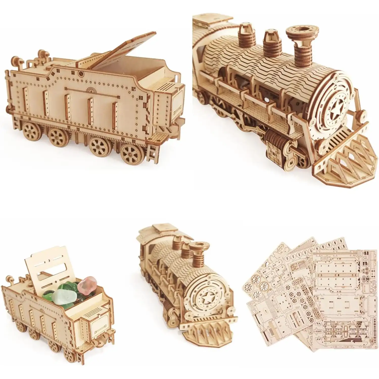 Maqueta de Madera 3D, diseño de trén de vapor con movimiento mecánico. 160 piezas.