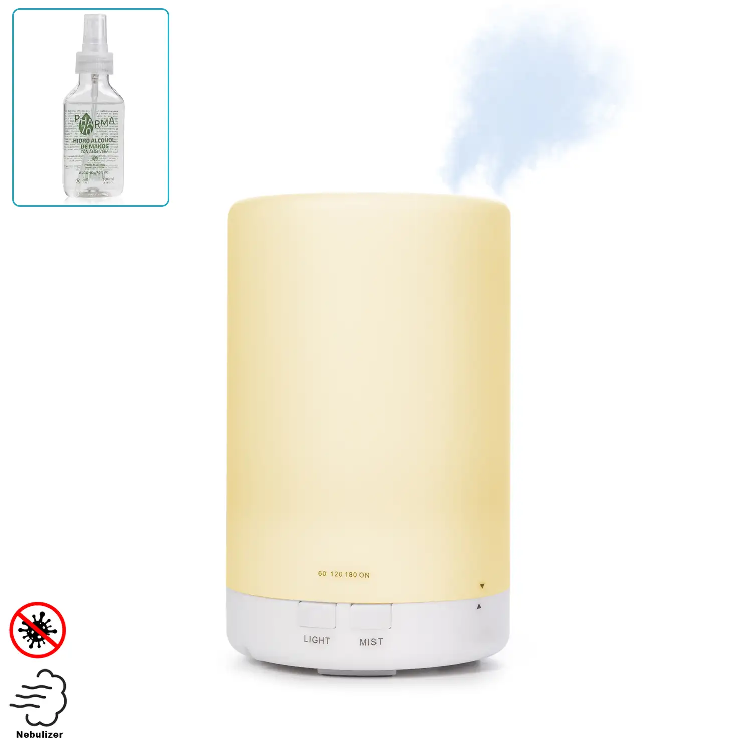 PACK NEBULIZADOR ESTERILIZADOR MULTIFUNCIÓN (admite hidroalcohol) 180 ml+ 10 GEL HIDROALCOHÓLICO ALOE VERA de 100 ml.