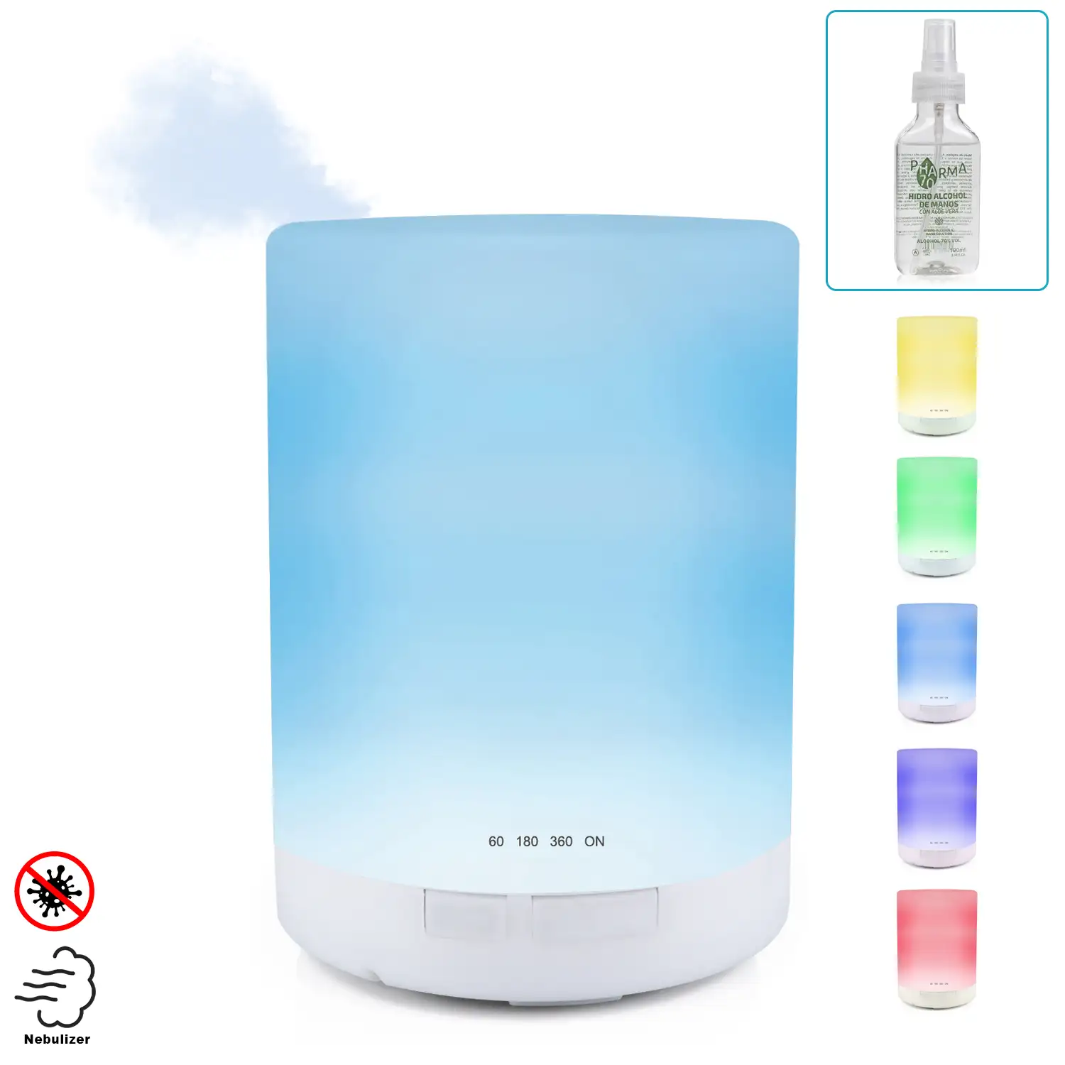 PACK NEBULIZADOR ESTERILIZADOR (admite hidroalcohol)MULTIFUNCIÓN 300 ml+ 10 GEL HIDROALCOHÓLICO ALOE VERA de 100 ml. Blanco con función multicolor . Luz led nocturna.Humidificador.