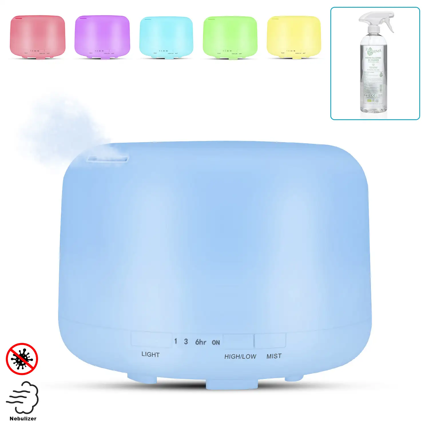 NEBULIZADOR ESTERILIZADOR MULTIFUNCIÓN (admite hidroalcohol) 1000 ml+ 2 HIDROGEL ALCOHÓLICO CON ALOE VERA con pulverizador de 750 ml. Blanco con función multicolor . Luz led nocturna.Humidificador.
