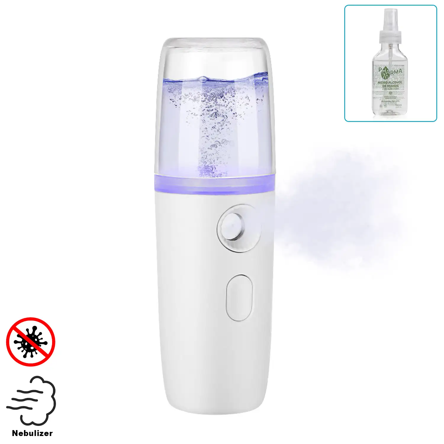 Nebulizador multiusos, disponible para desinfección con hidrogel líquido para desinfectar sin tocar objetos.+ 5 hidrogel alcohólico con aloe vera 100 ml