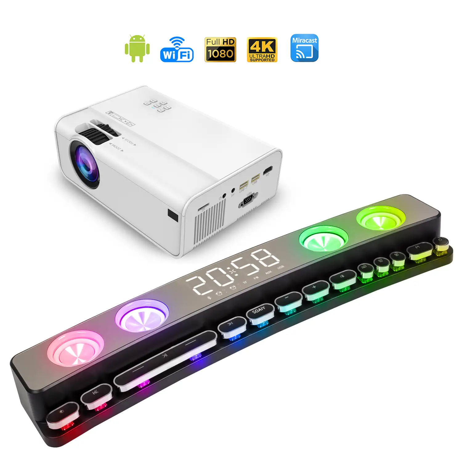 Pack: Video proyector LED A13 con Wifi y Android 6.0 incorporado. HD1080P + Barra de sonido SH39 Bluetooth 5.0 con teclas mecánicas