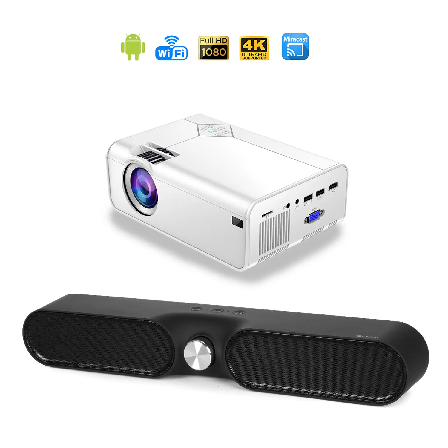 Pack: Video proyector LED A13 con Wifi y Android 6.0 incorporado. HD1080P + Barra de sonido YSW05, Bluetooth 5.0. Batería incorporada de 2400mAh.