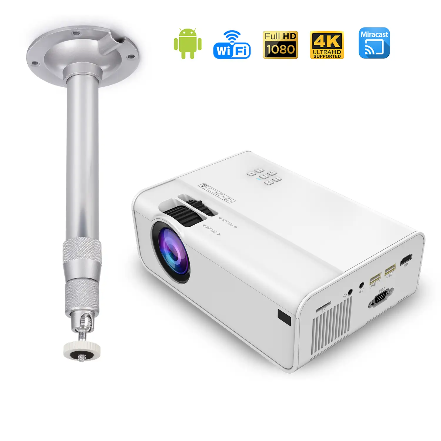 Pack: Video proyector LED A13 con Wifi y Android 6.0 incorporado. HD1080P + Soporte de techo para colgar.