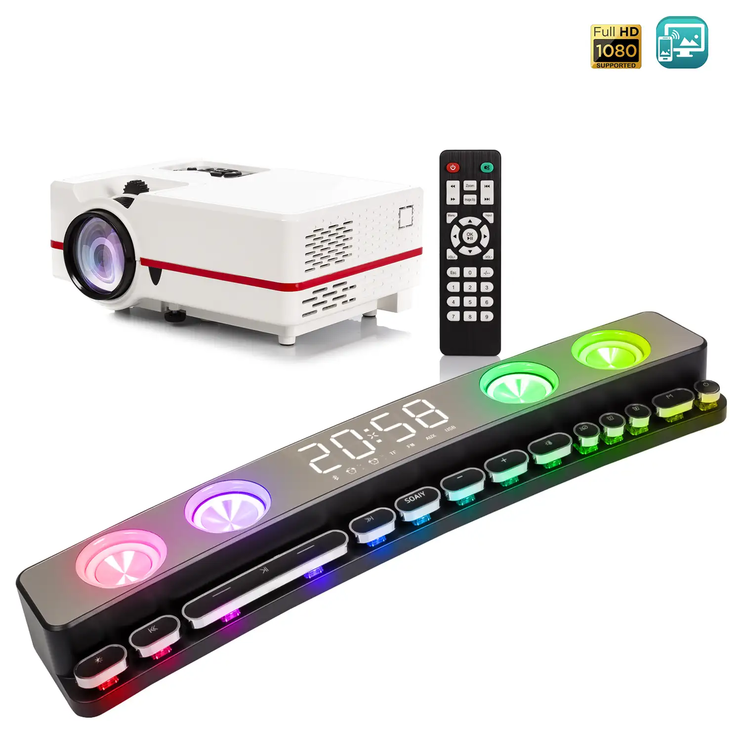 Pack: Video proyector LED con duplicación de pantalla para iOS y Android + Barra de sonido SH39 Bluetooth 5.0 con teclas mecánicas