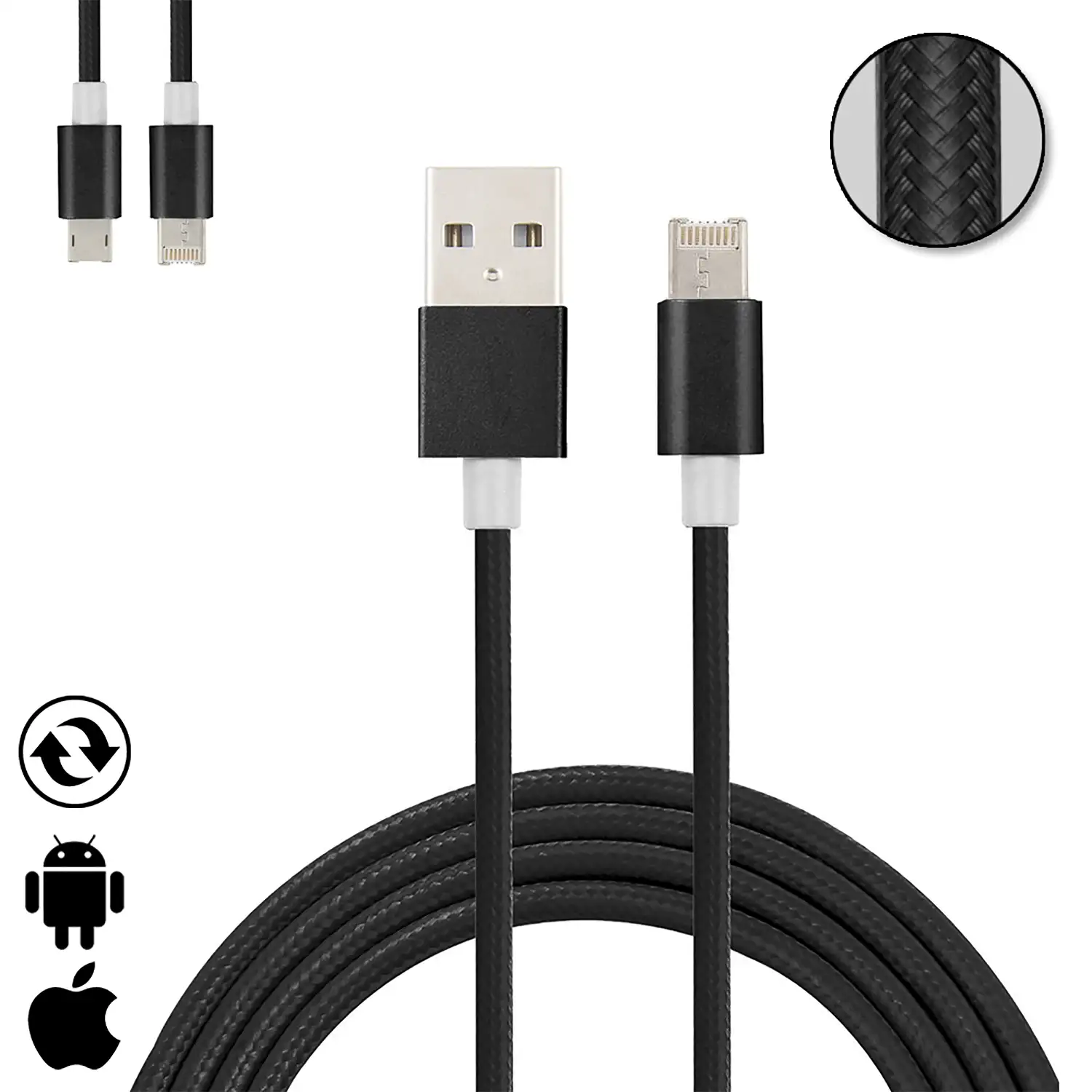 Cable de carga y datos 2 en 1 para iOS y Android: conexión Lightning y Micro USB.