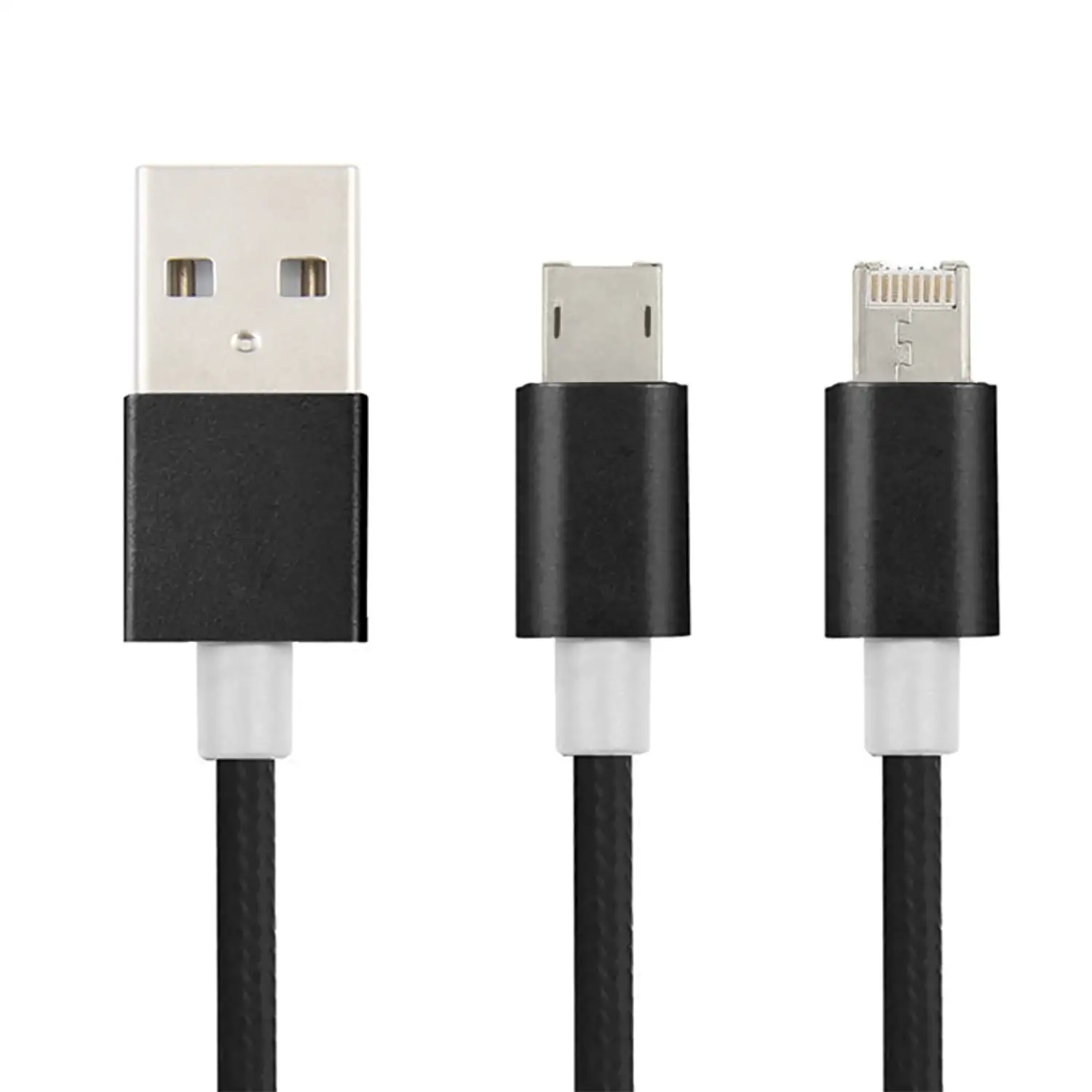 Cable de carga y datos 2 en 1 para iOS y Android: conexión Lightning y Micro USB.