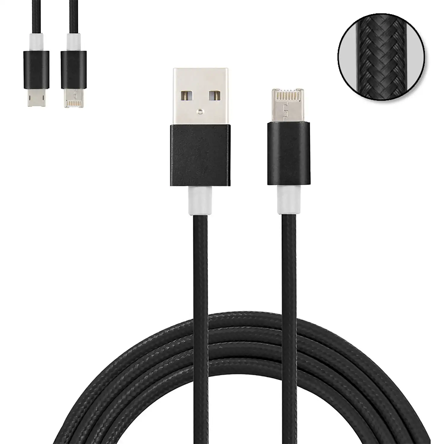 Cable de carga y datos 2 en 1 para iOS y Android: conexión Lightning y Micro USB.