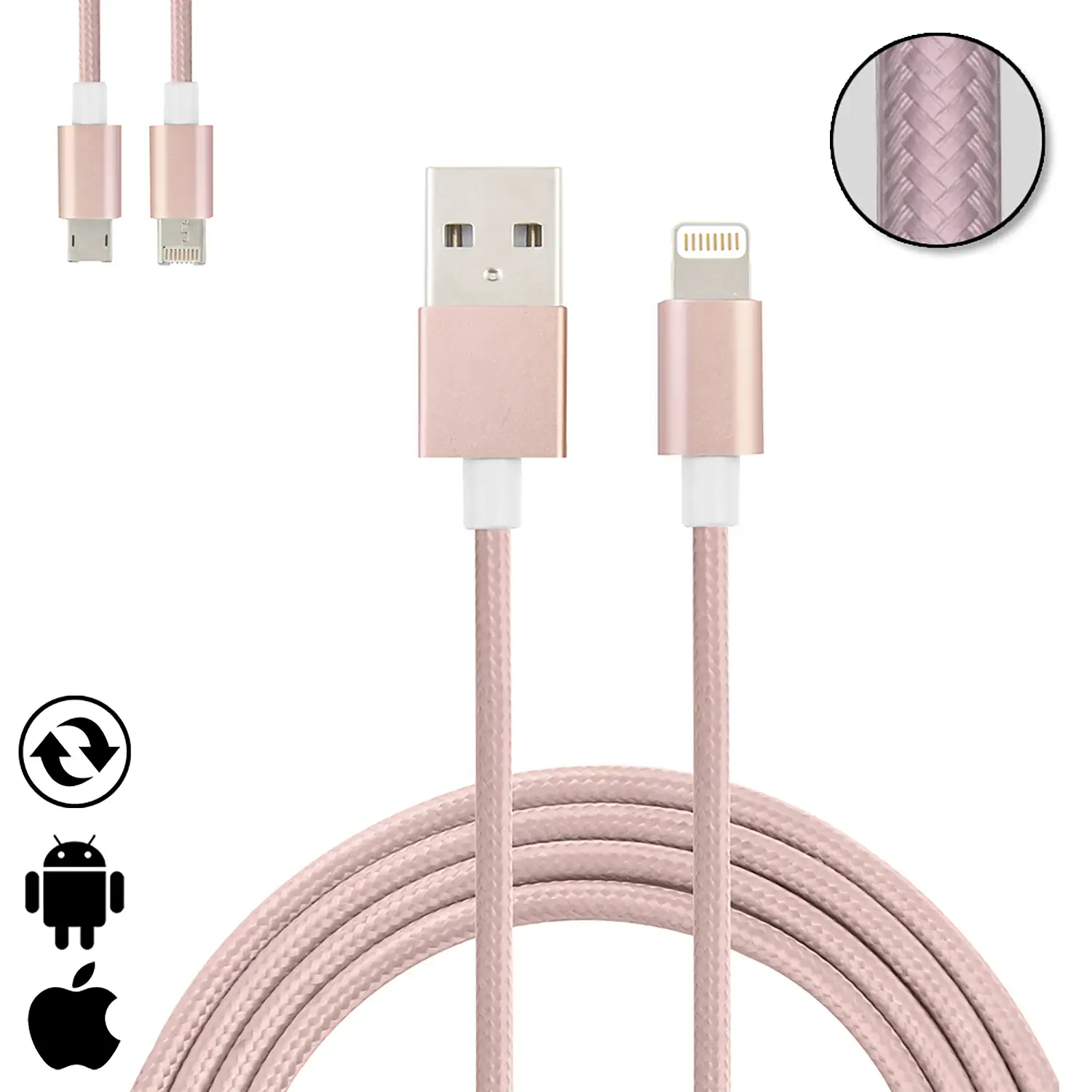 Cable de carga y datos 2 en 1 para iOS y Android: conexión Lightning y Micro USB.