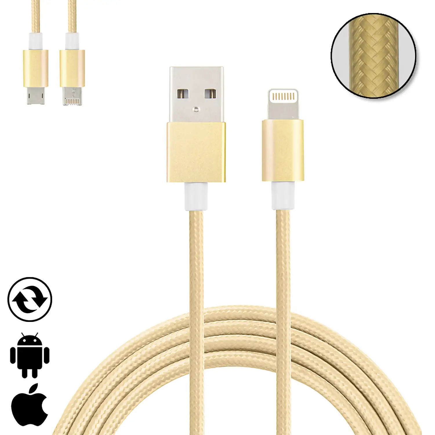 Cable de carga y datos 2 en 1 para iOS y Android: conexión Lightning y Micro USB.