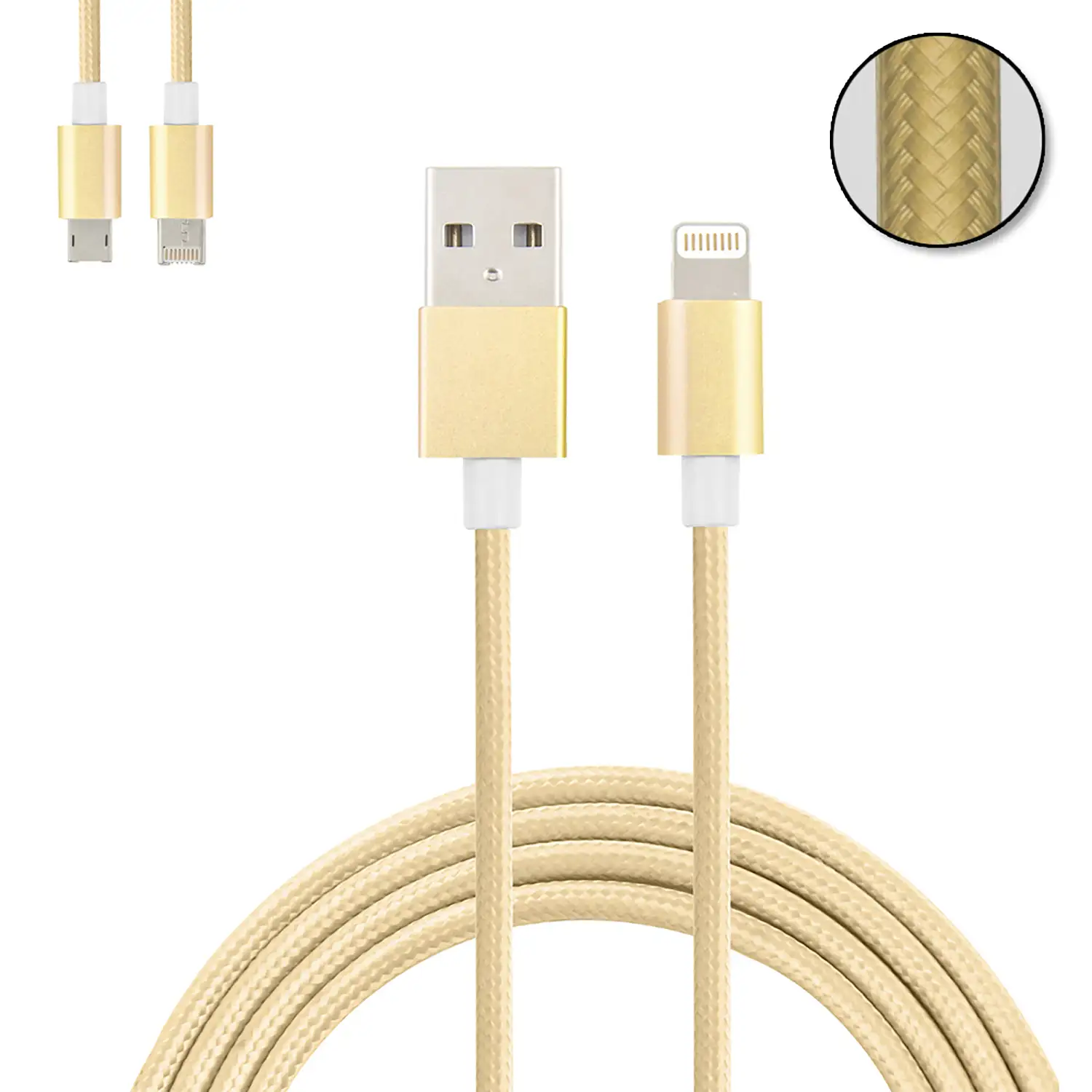 Cable de carga y datos 2 en 1 para iOS y Android: conexión Lightning y Micro USB.