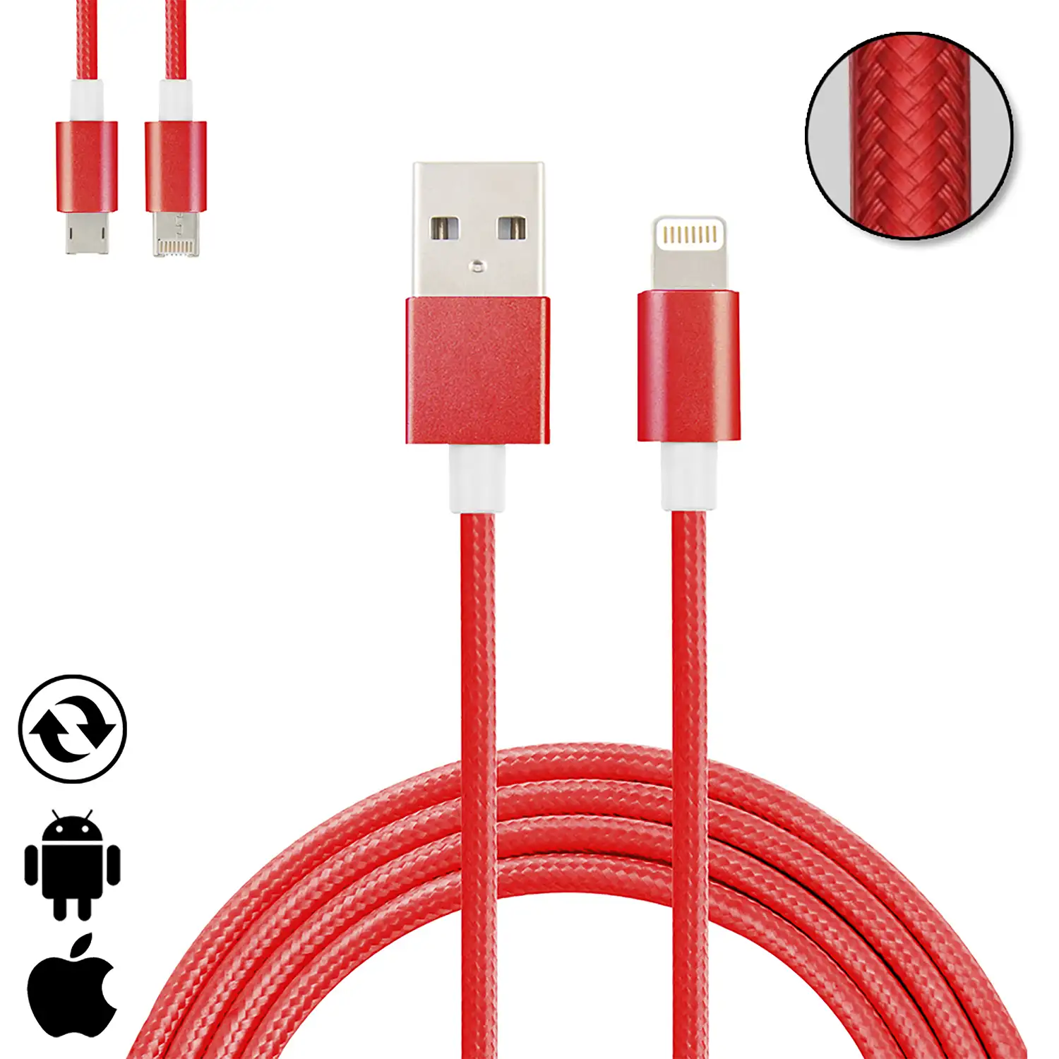 Cable de carga y datos 2 en 1 para iOS y Android: conexión Lightning y Micro USB.