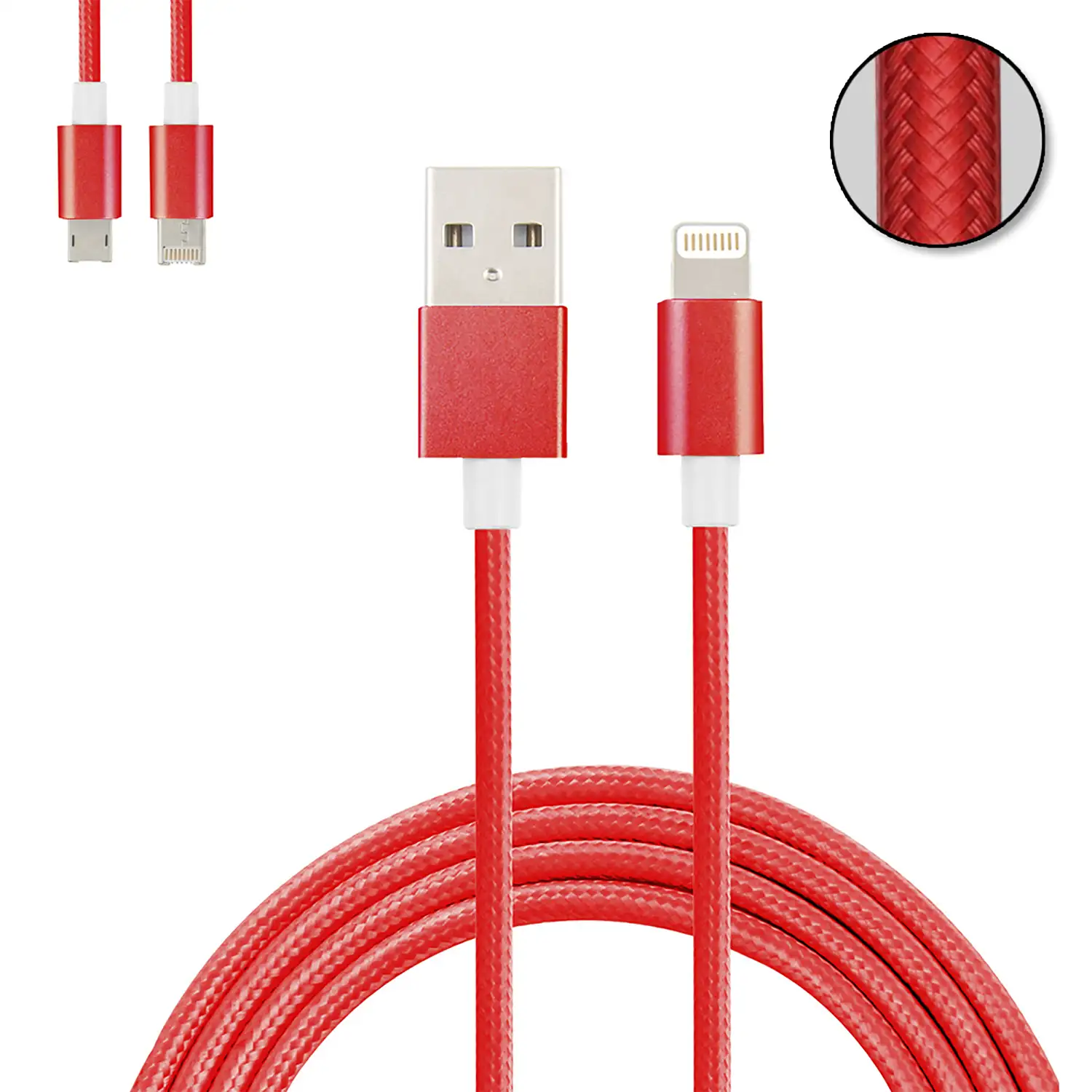 Cable de carga y datos 2 en 1 para iOS y Android: conexión Lightning y Micro USB.