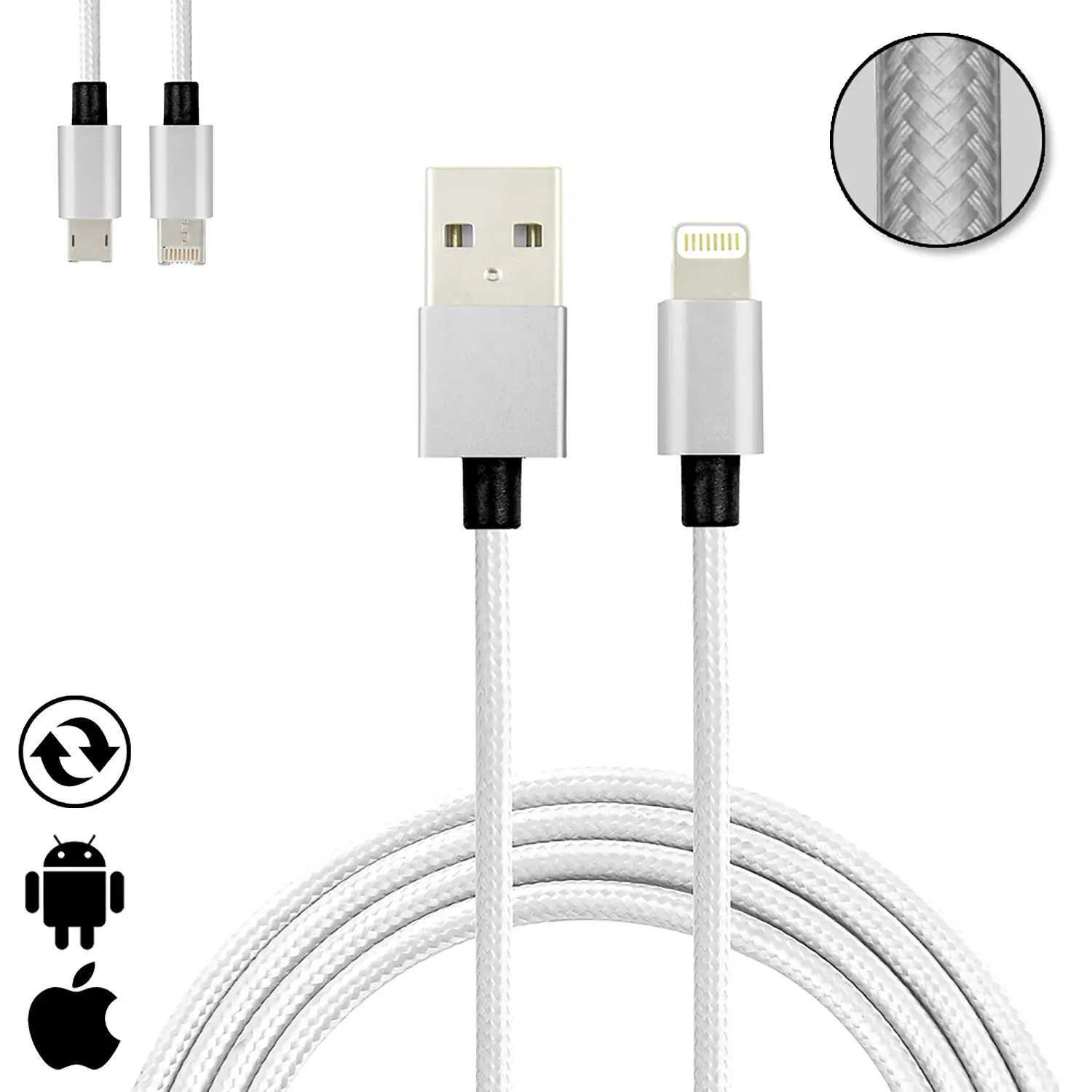 Cable de carga y datos 2 en 1 para iOS y Android: conexión Lightning y Micro USB.