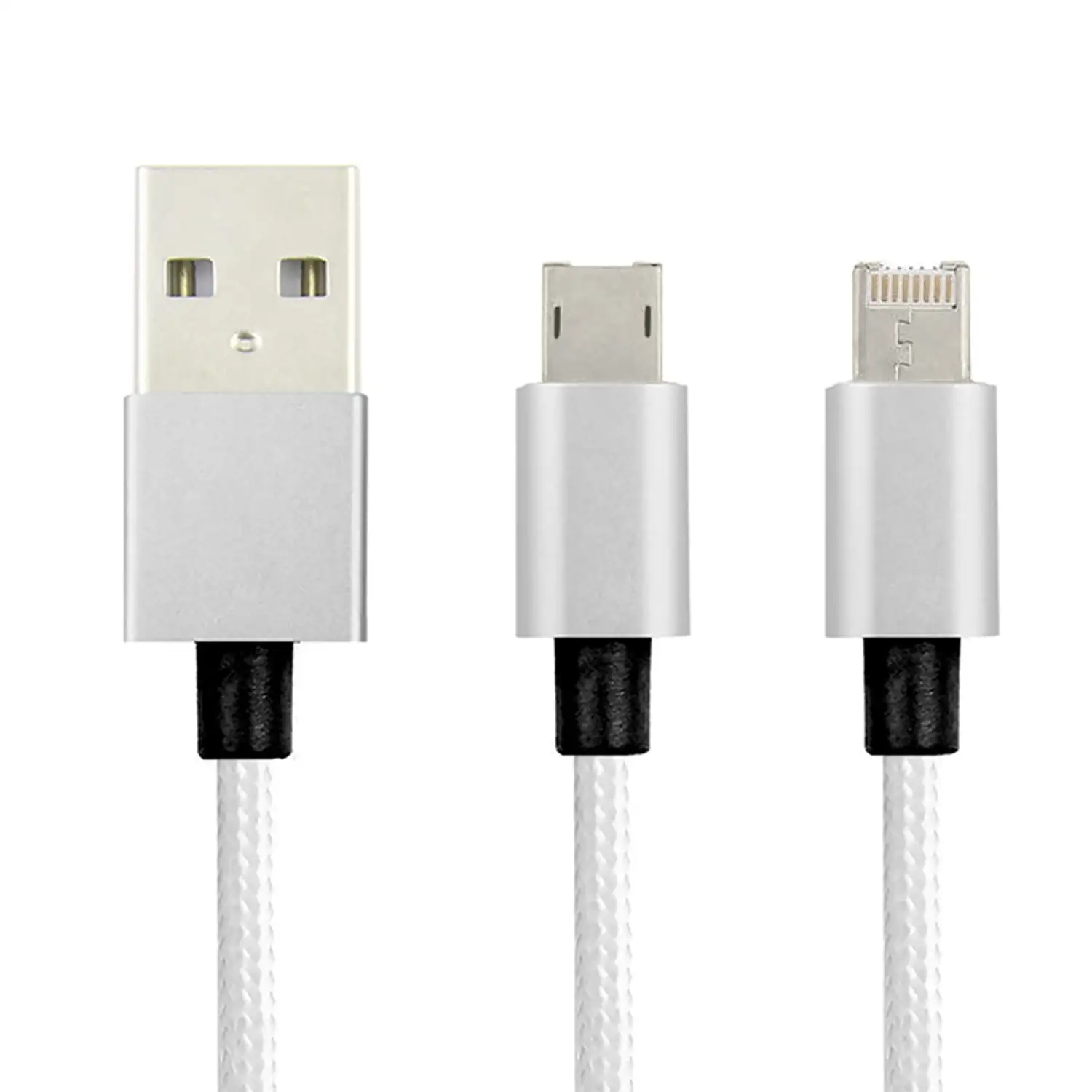 Cable de carga y datos 2 en 1 para iOS y Android: conexión Lightning y Micro USB.