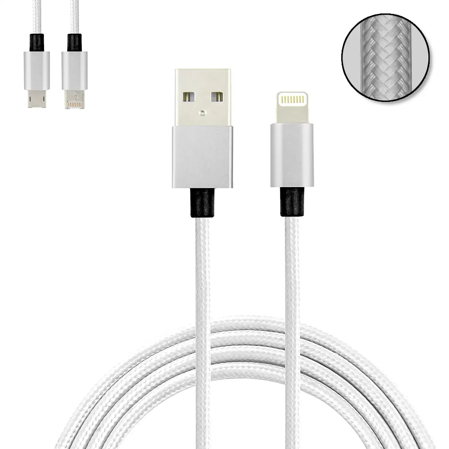 Cable de carga y datos 2 en 1 para iOS y Android: conexión Lightning y Micro USB.