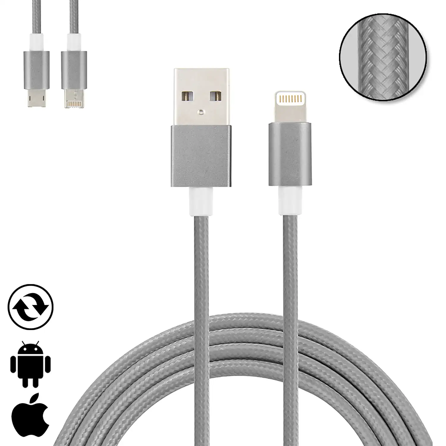 Cable de carga y datos 2 en 1 para iOS y Android: conexión Lightning y Micro USB.