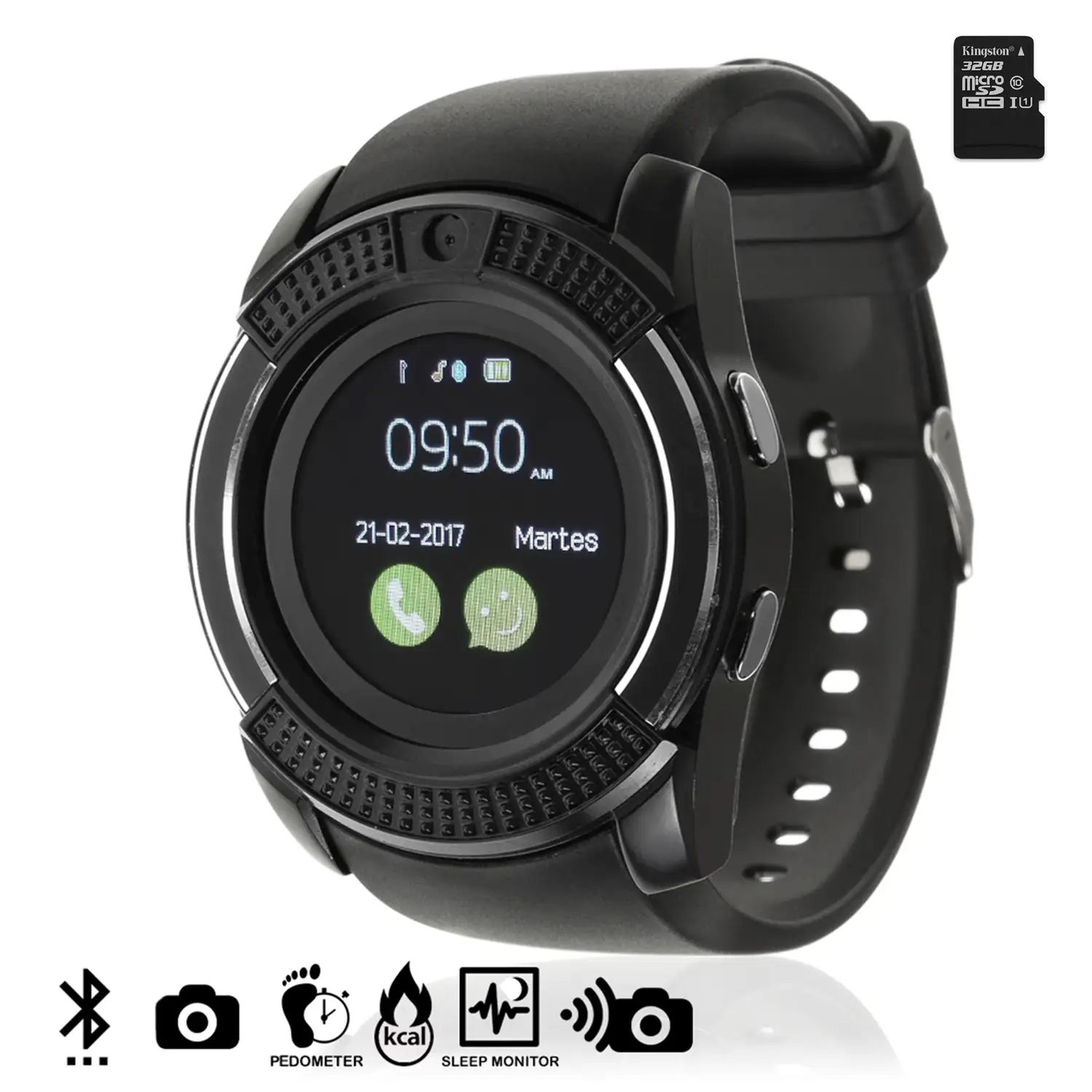 Smartwatch V8 de pantalla circular con cámara y opción a SIM + micro SD Kingston 32GB Clase 10