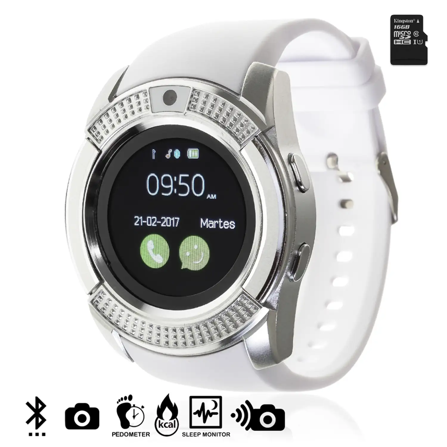 Smartwatch V8 de pantalla circular con cámara y opción a SIM + micro SD Kingston 16GB Clase 10