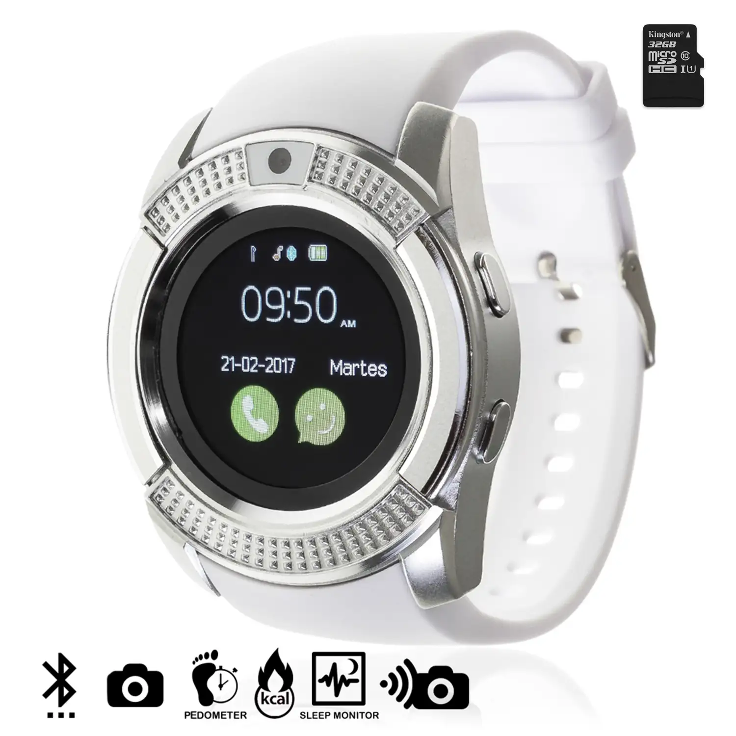 Smartwatch V8 de pantalla circular con cámara y opción a SIM + micro SD Kingston 32GB Clase 10