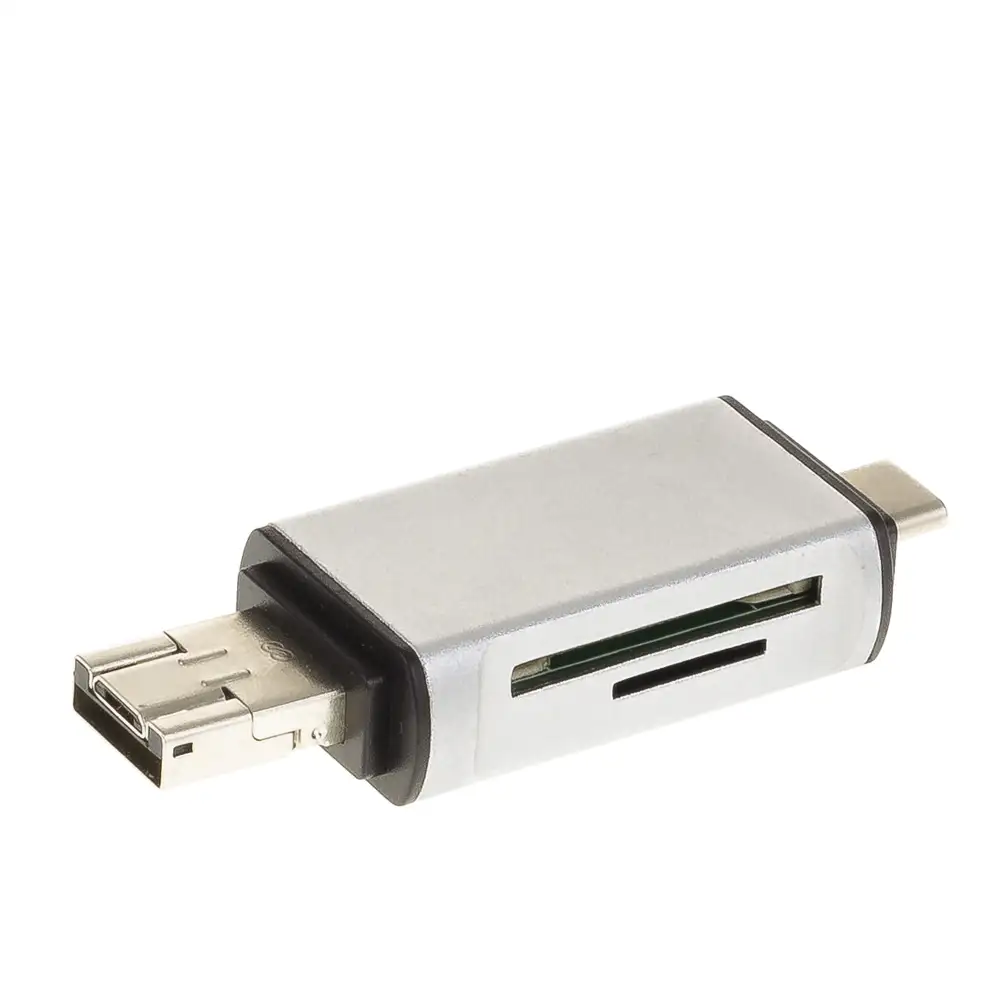 LECTOR DE TARJETAS SD/MICRO SD CON CONEXIÓN MICRO USB (OTG) Y TIPO C PLATA