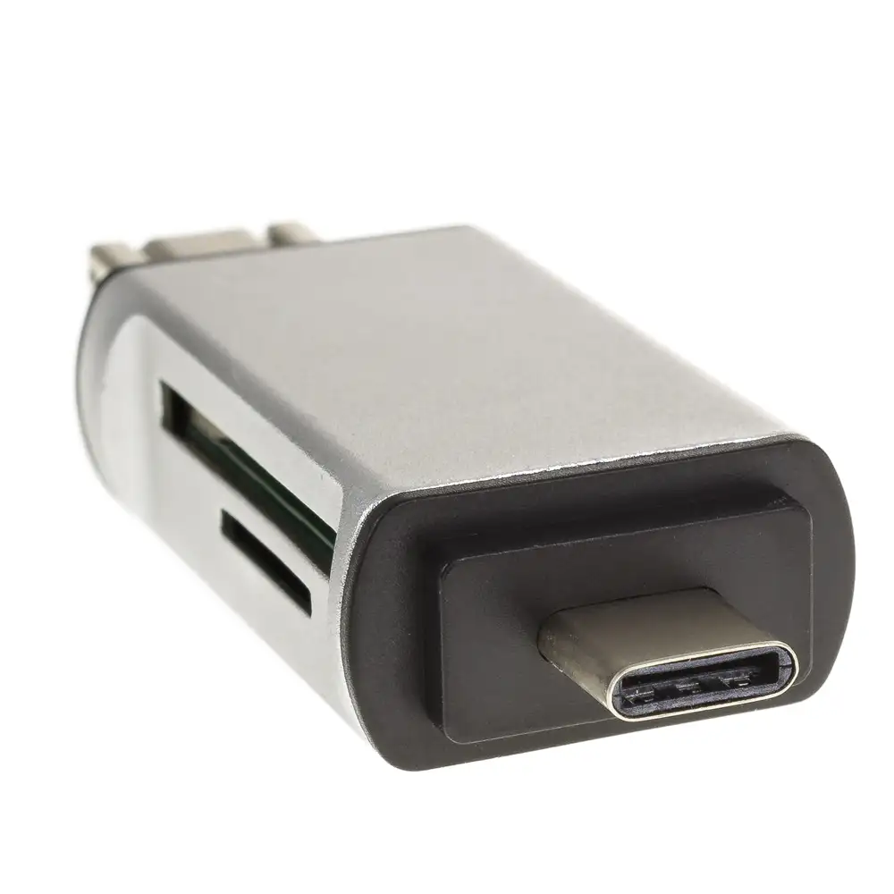 LECTOR DE TARJETAS SD/MICRO SD CON CONEXIÓN MICRO USB (OTG) Y TIPO C PLATA