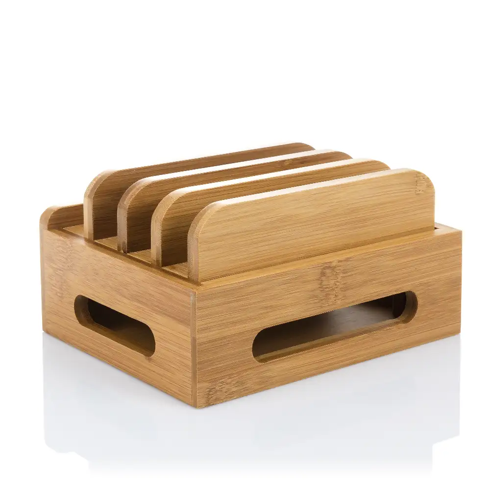 Soporte de madera para 4 smartphones con organizador de cables y tapa magnética