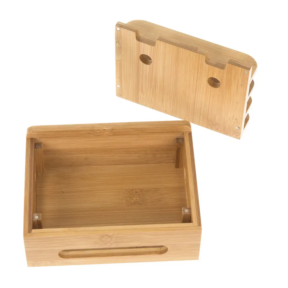 Soporte de madera para 4 smartphones con organizador de cables y tapa magnética