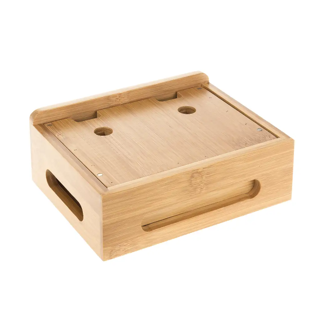 Soporte de madera para 4 smartphones con organizador de cables y tapa magnética