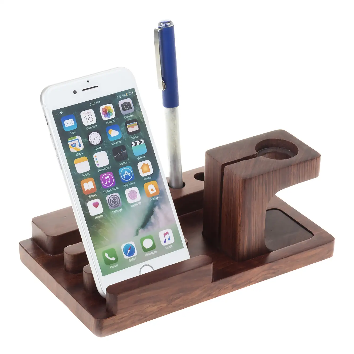 Soporte de madera para 3 smartphones, 3 bolígrafos y Apple Watch con base de carga.